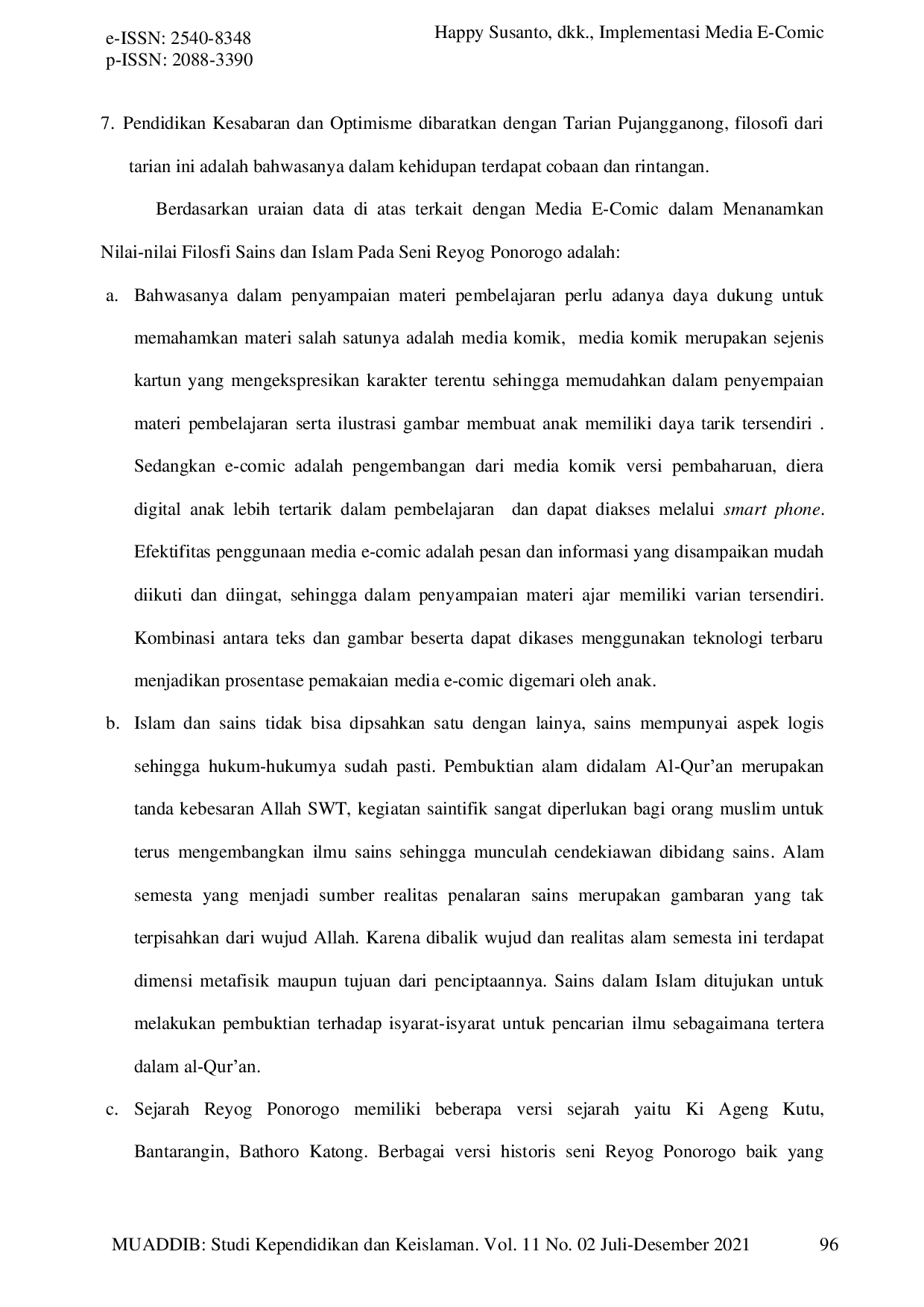 JURIS Implementasi Media E Comic dalam Menanamkan Nilai Nilai Filosofi Sains dan Islam pada Seni Reyog Ponorogo