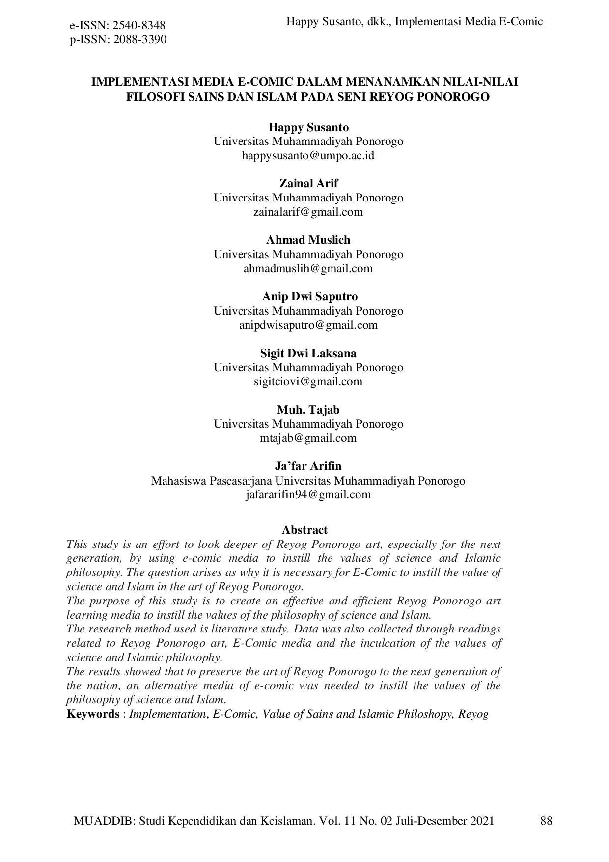 JURIS Implementasi Media E Comic dalam Menanamkan Nilai Nilai Filosofi Sains dan Islam pada Seni Reyog Ponorogo
