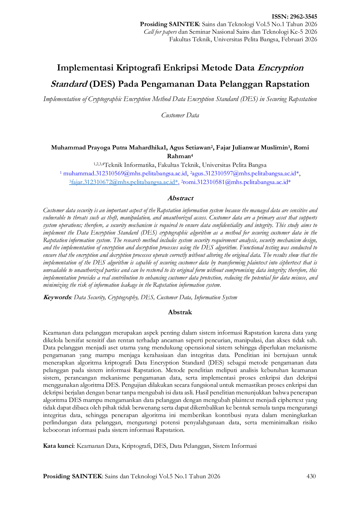 JURIS Implementasi Kriptografi Enkripsi Metode Data Encryption Standard DES Pada Pengamanan Data Pelanggan Rapstation