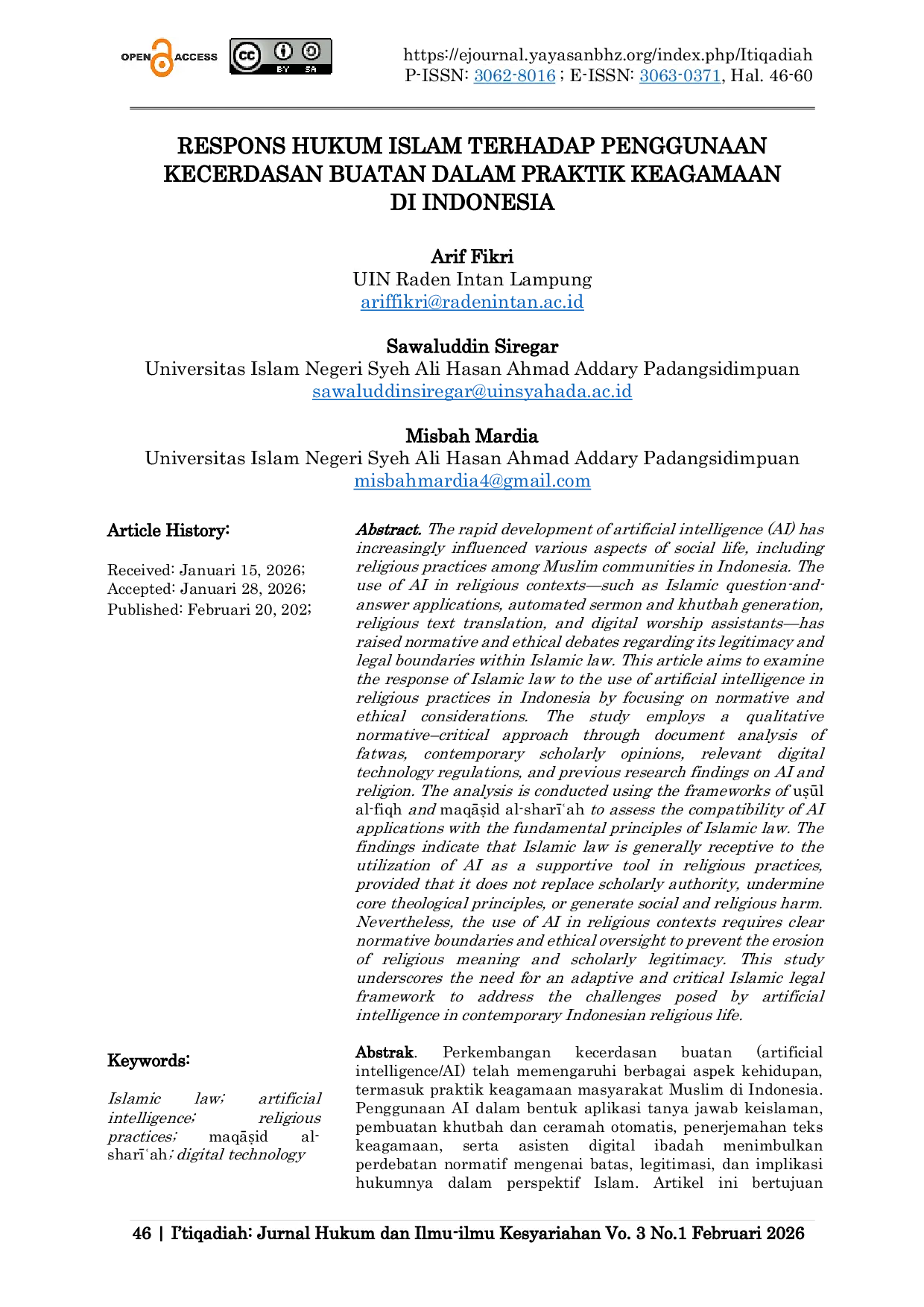 JURIS Respons Hukum Islam Terhadap Penggunaan Kecerdasan Buatan Dalam Praktik Keagamaan Di Indonesia