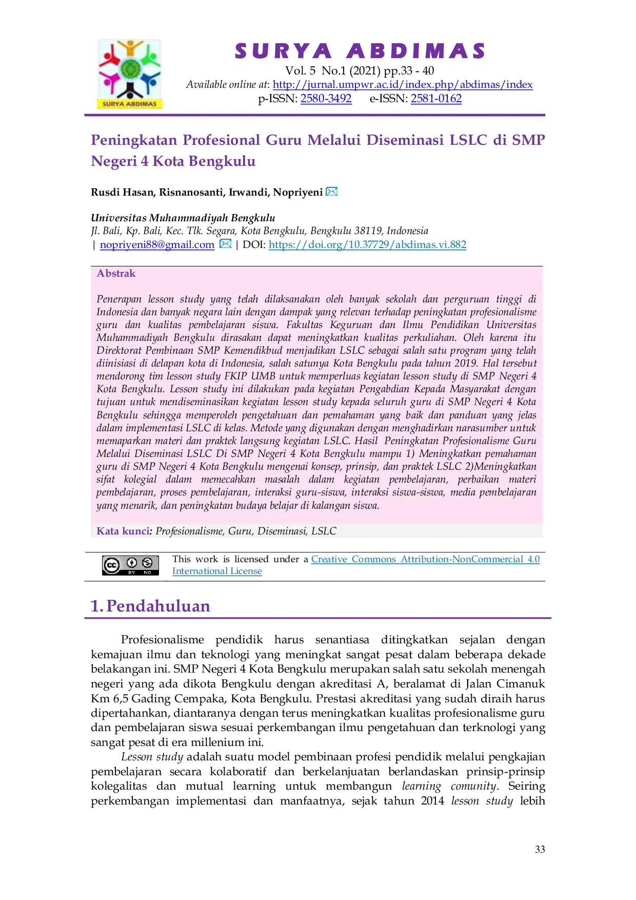 JURIS Peningkatan Profesional Guru Melalui Diseminasi LSLC di SMP Negeri 4 Kota Bengkulu