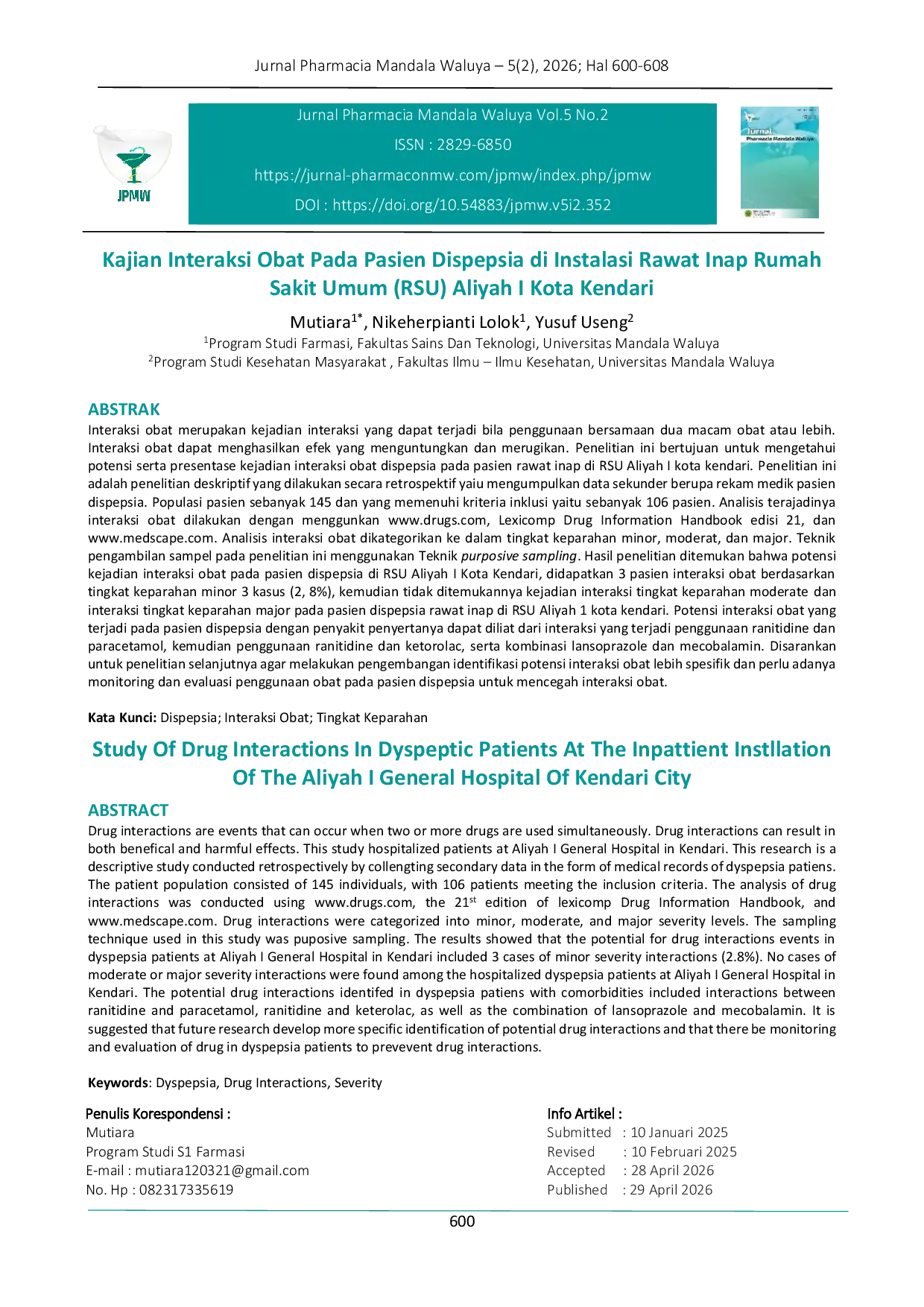 JURIS Kajian Interaksi Obat Pada Pasien Dispepsia di Instalasi Rawat Inap Rumah Sakit Umum RSU Aliyah I Kota Kendari