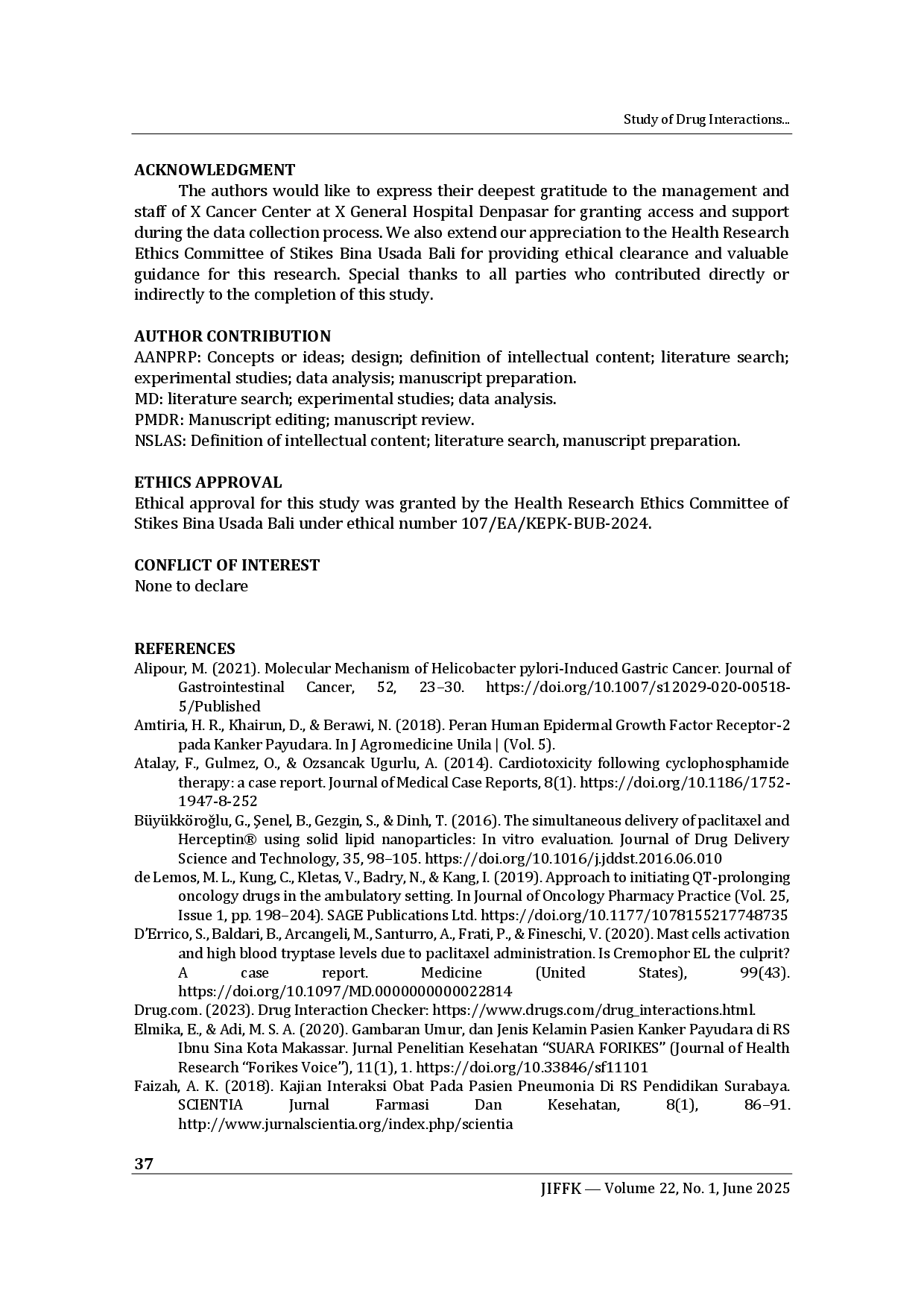juris Study of Drug Interactions in Cancer Therapy and Their Management in Cancer Patients at the Outpatient Polyclinic of General Hospital X in 2020