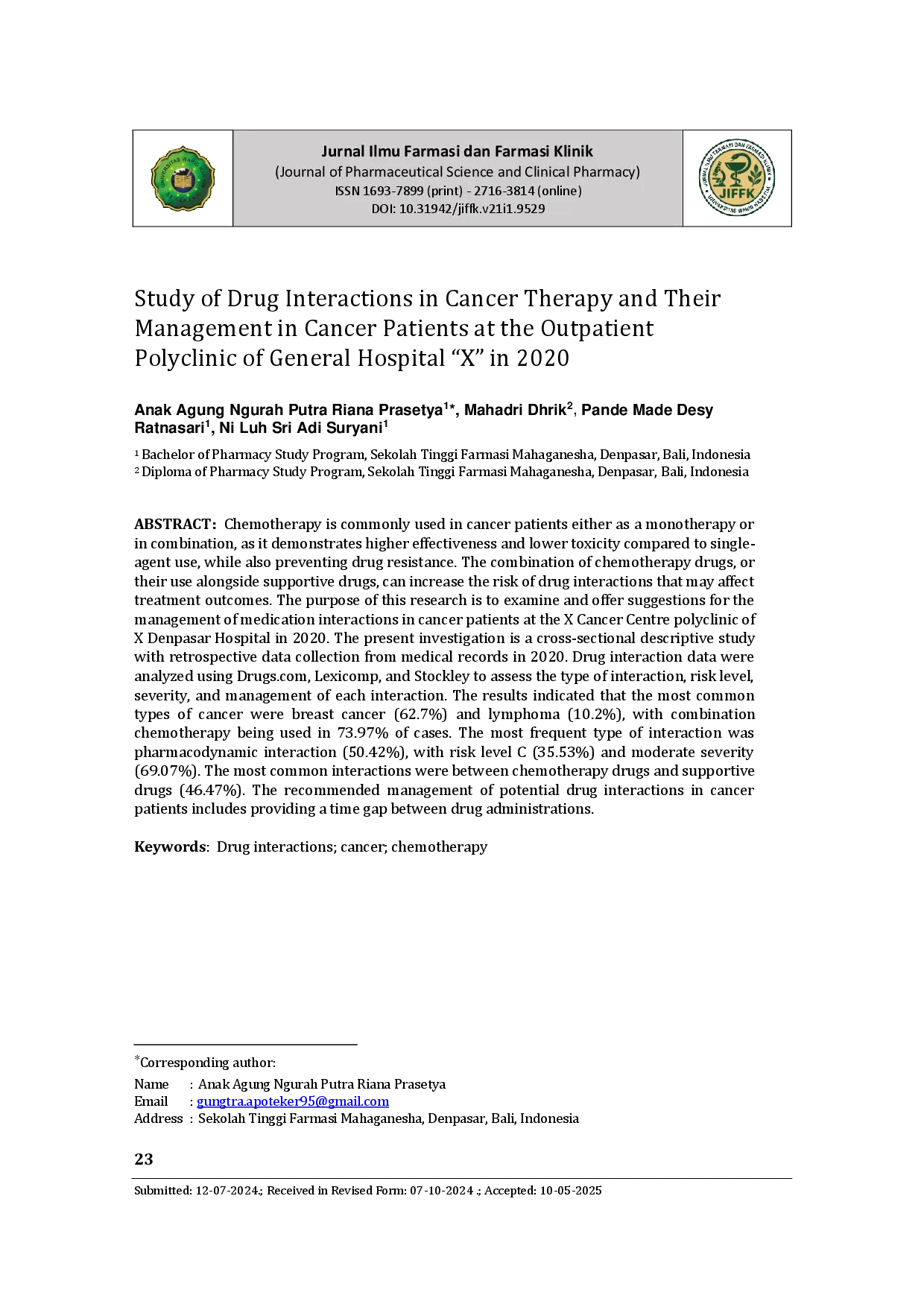 juris Study of Drug Interactions in Cancer Therapy and Their Management in Cancer Patients at the Outpatient Polyclinic of General Hospital X in 2020