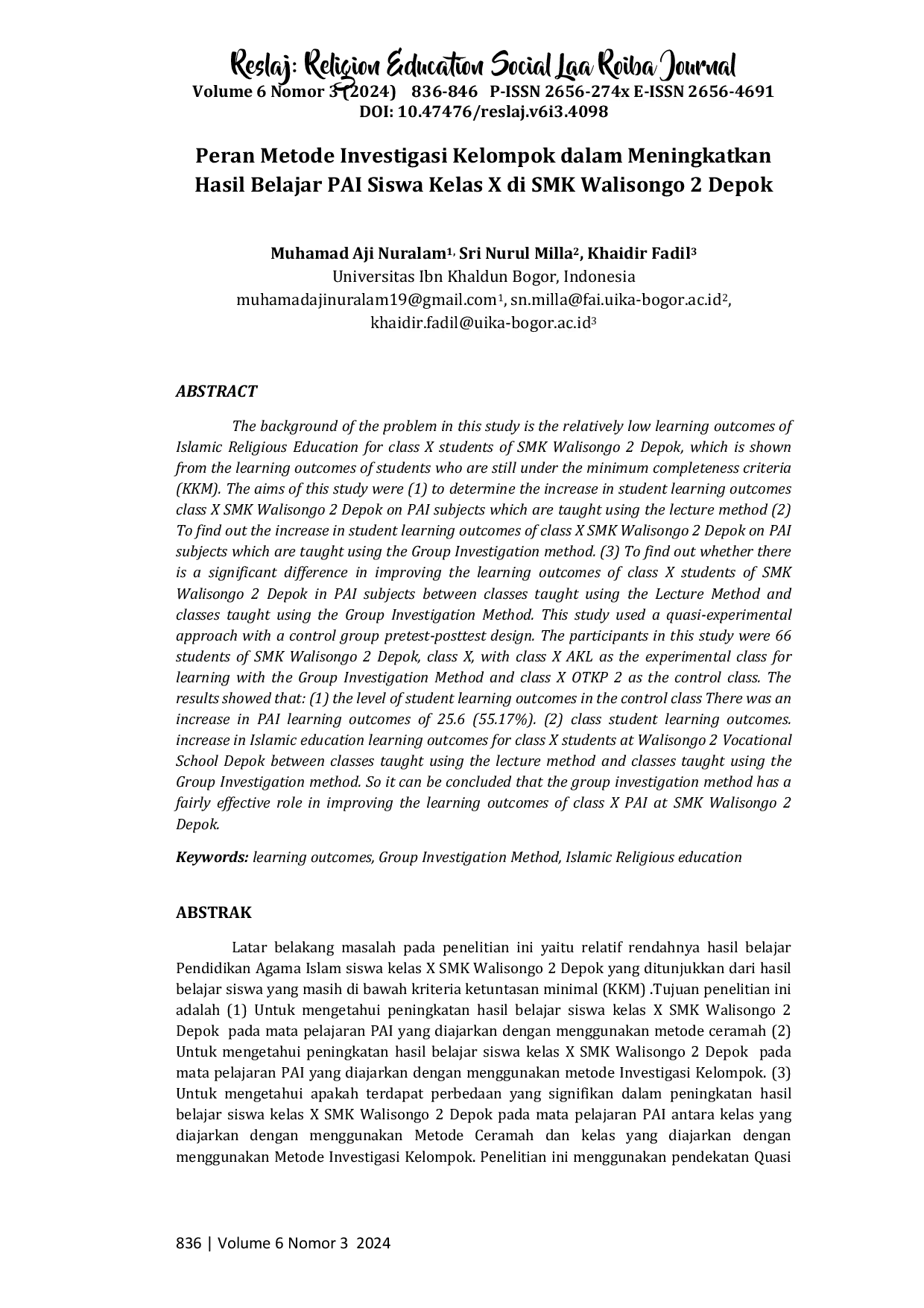 JURIS Peran Metode Investigasi Kelompok Dalam Meningkatkan Hasil Belajar PAI Siswa Kelas X di SMK Walisongo 2 Depok
