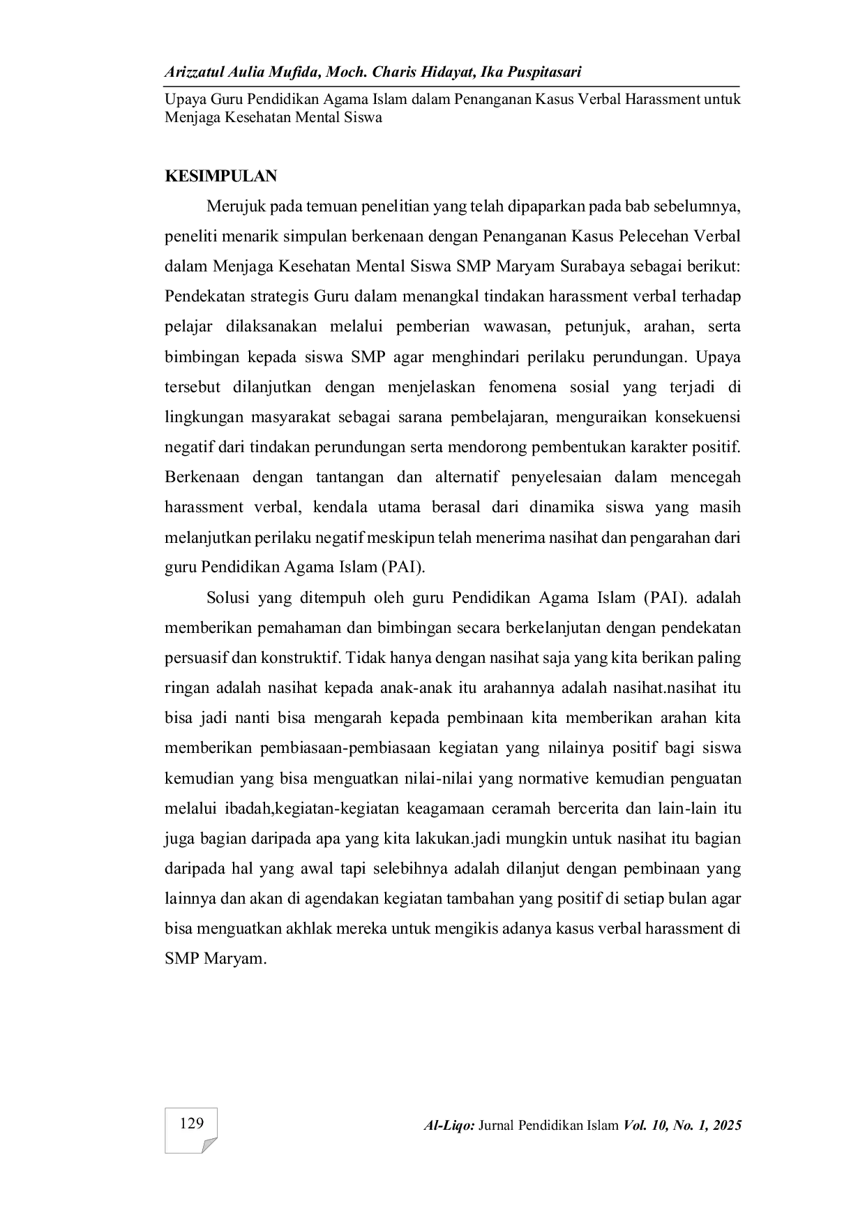 JURIS Upaya guru pendidikan agama Islam dalam penanganan kasus verbal harassment untuk menjaga kesehatan mental siswa