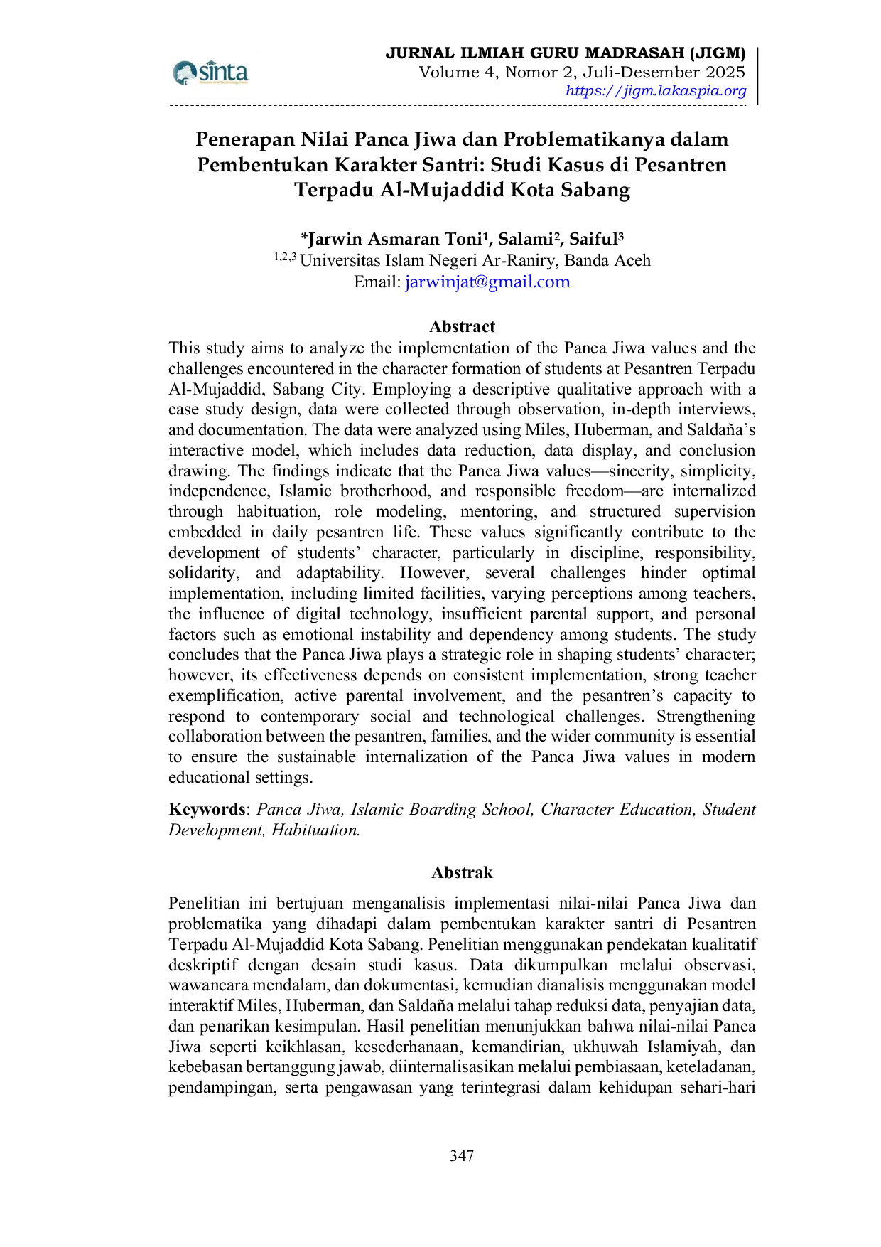 JURIS Penerapan Nilai Panca Jiwa dan Problematikanya dalam Pembentukan Karakter Santri Studi Kasus di Pesantren Terpadu Al Mujaddid Kota Sabang