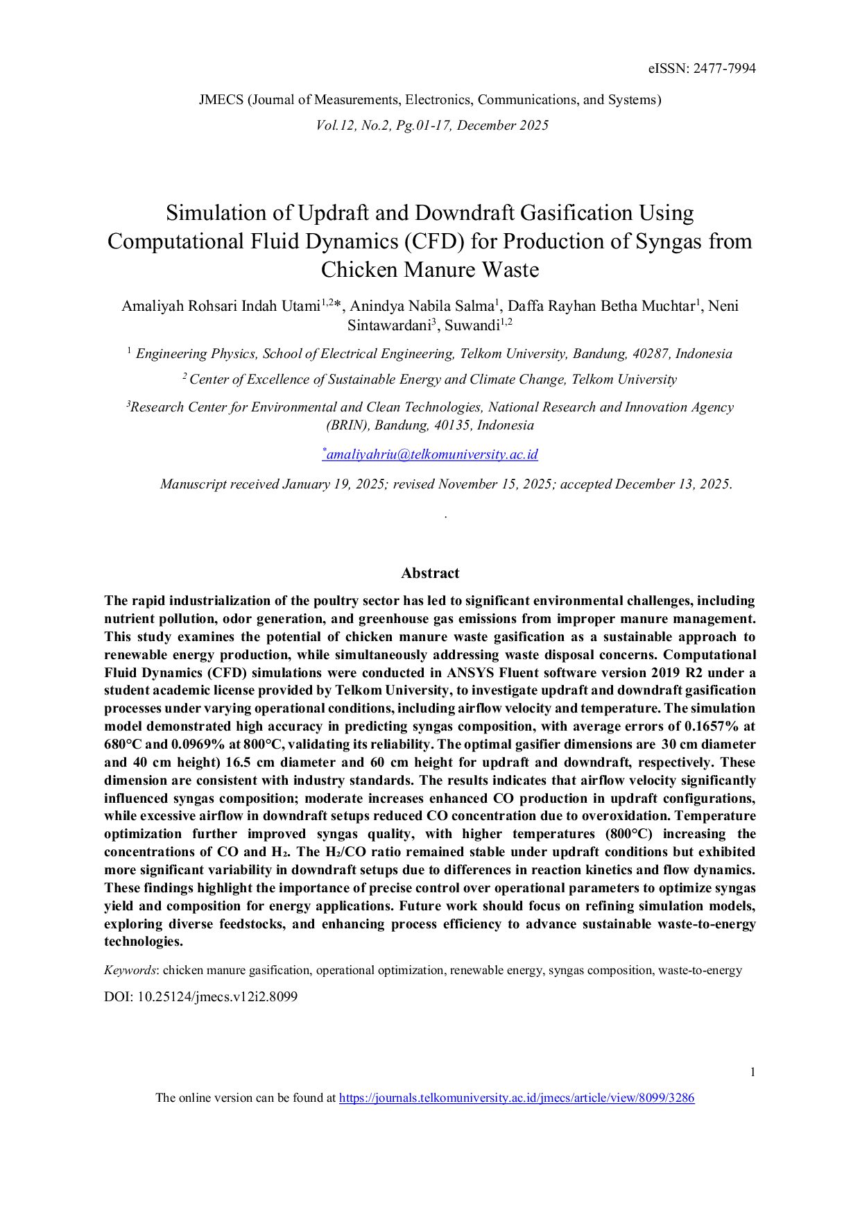 JURIS Simulation of Updraft and Downdraft Gasification Using Computational Fluid Dynamics CFD for Production of Syngas from Chicken Manure Waste