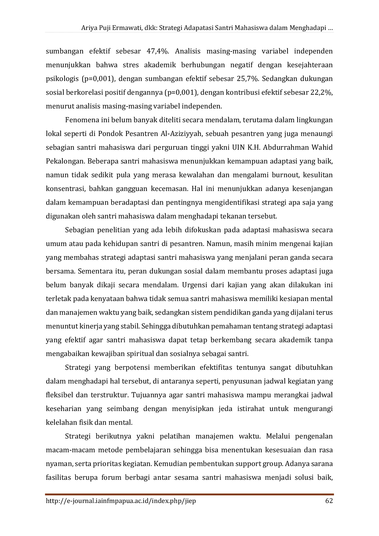 JURIS Strategi Adaptasi Santri Mahasiswa dalam Menghadapi Tekanan Akademik dan Kedisiplinan Pesantren Studi Kasus Pondok Pesantren Al Aziziyyah