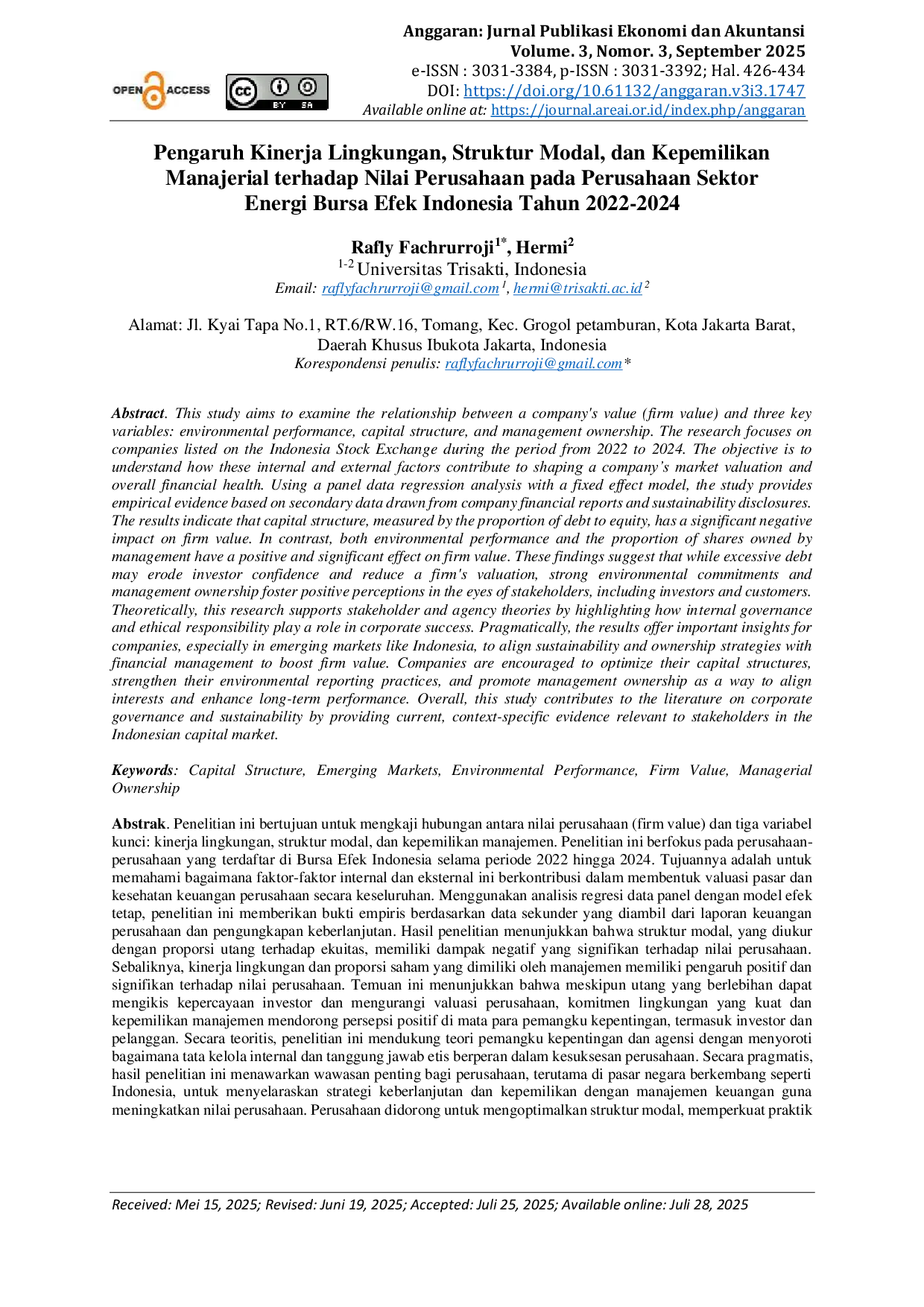 JURIS Pengaruh Kinerja Lingkungan Struktur Modal dan Kepemilikan Manajerial terhadap Nilai Perusahaan pada Perusahaan Sektor Energi Bursa Efek Indonesia Tahun 2022 2024