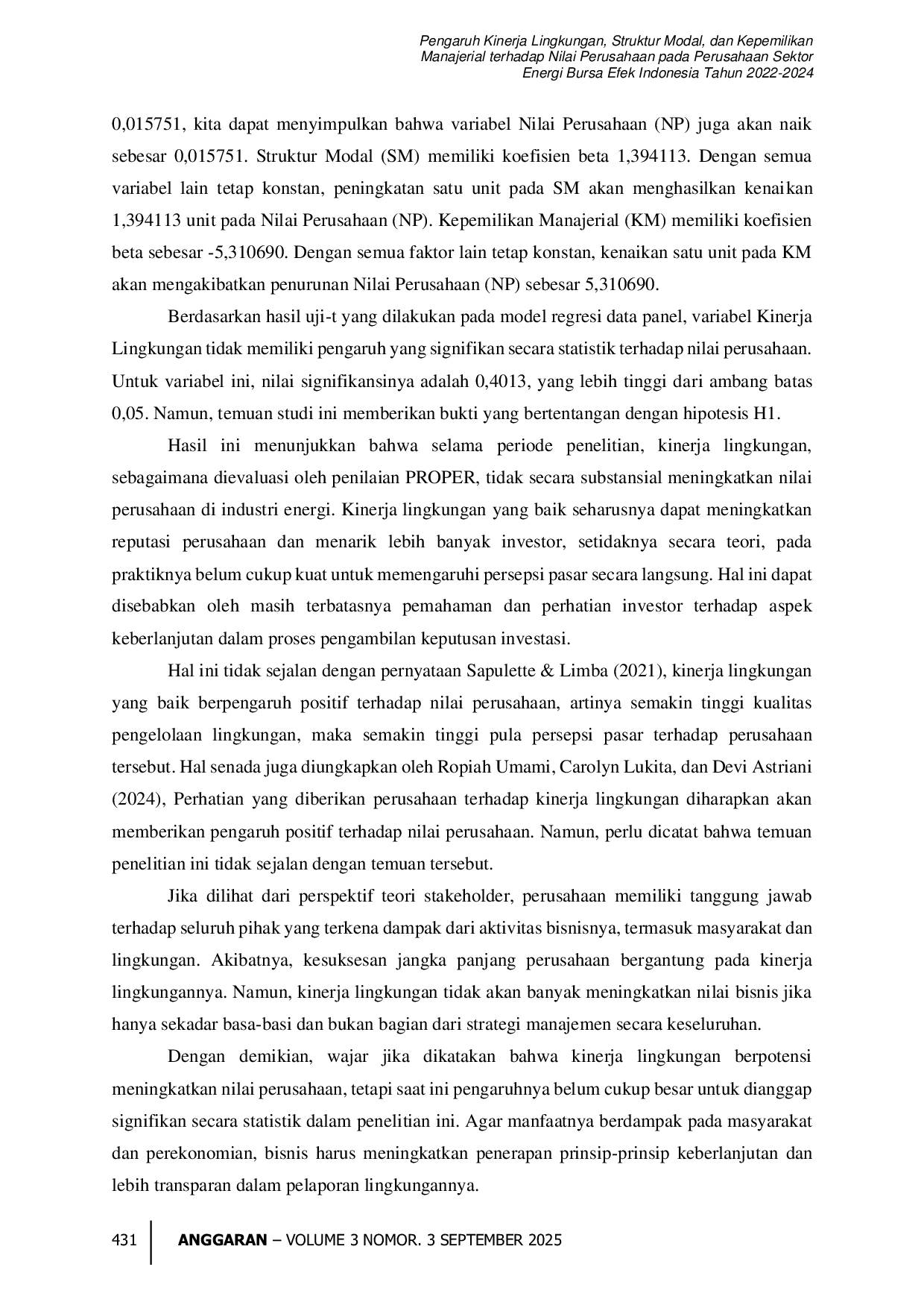 JURIS Pengaruh Kinerja Lingkungan Struktur Modal dan Kepemilikan Manajerial terhadap Nilai Perusahaan pada Perusahaan Sektor Energi Bursa Efek Indonesia Tahun 2022 2024