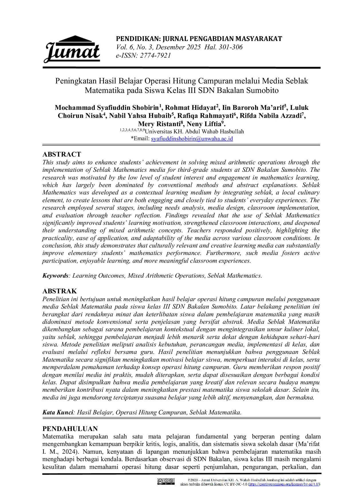 JURIS Peningkatan Hasil Belajar Operasi Hitung Campuran melalui Media Seblak Matematika pada Siswa Kelas III SDN Bakalan Sumobito