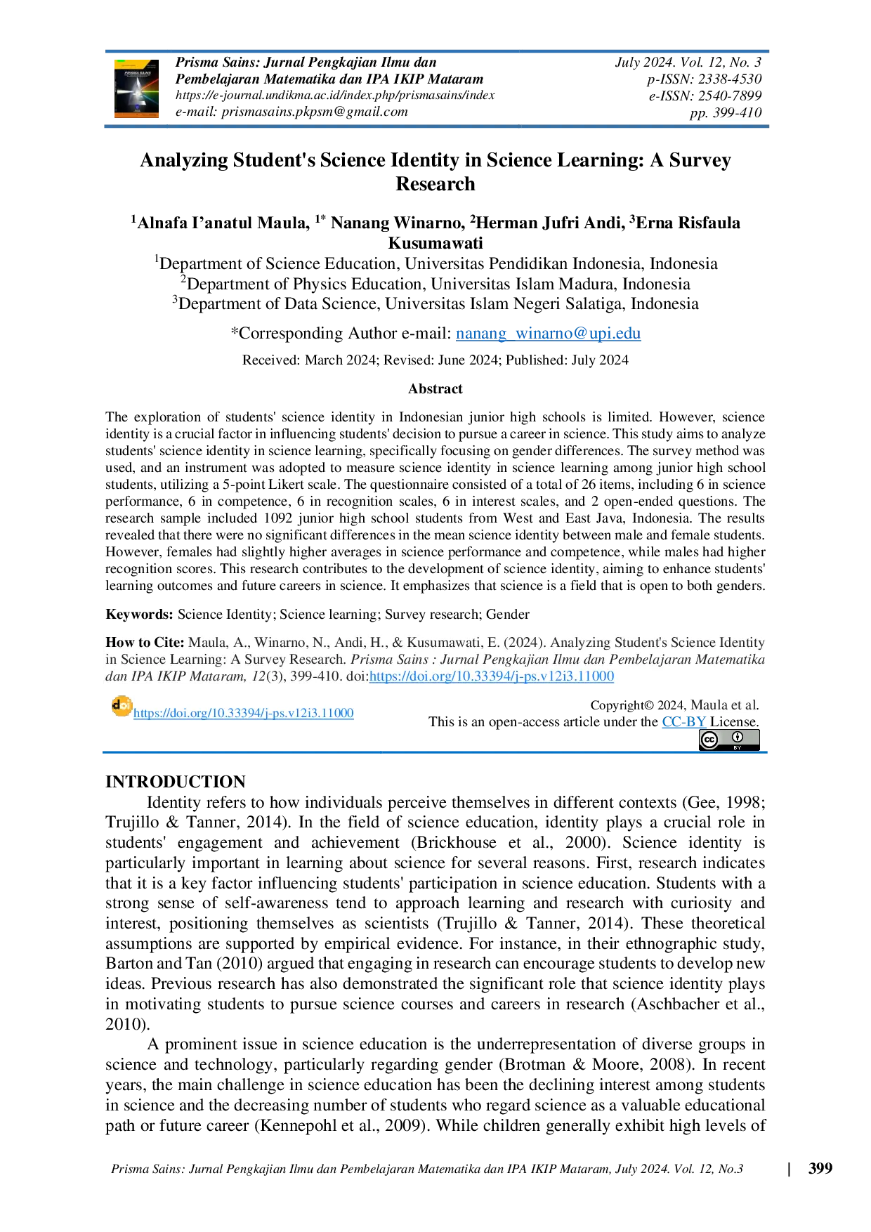 JURIS Analyzing Student s Science Identity in Science Learning A Survey Research