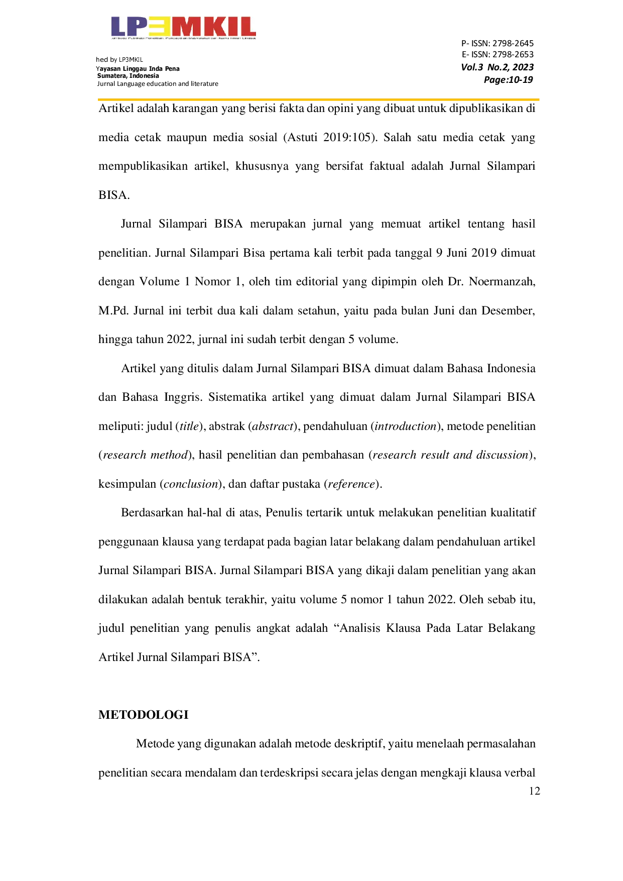 JURIS Analisis Klausa Verbal Pada Latar Belakang Artikel Jurnal Silampari Bisa