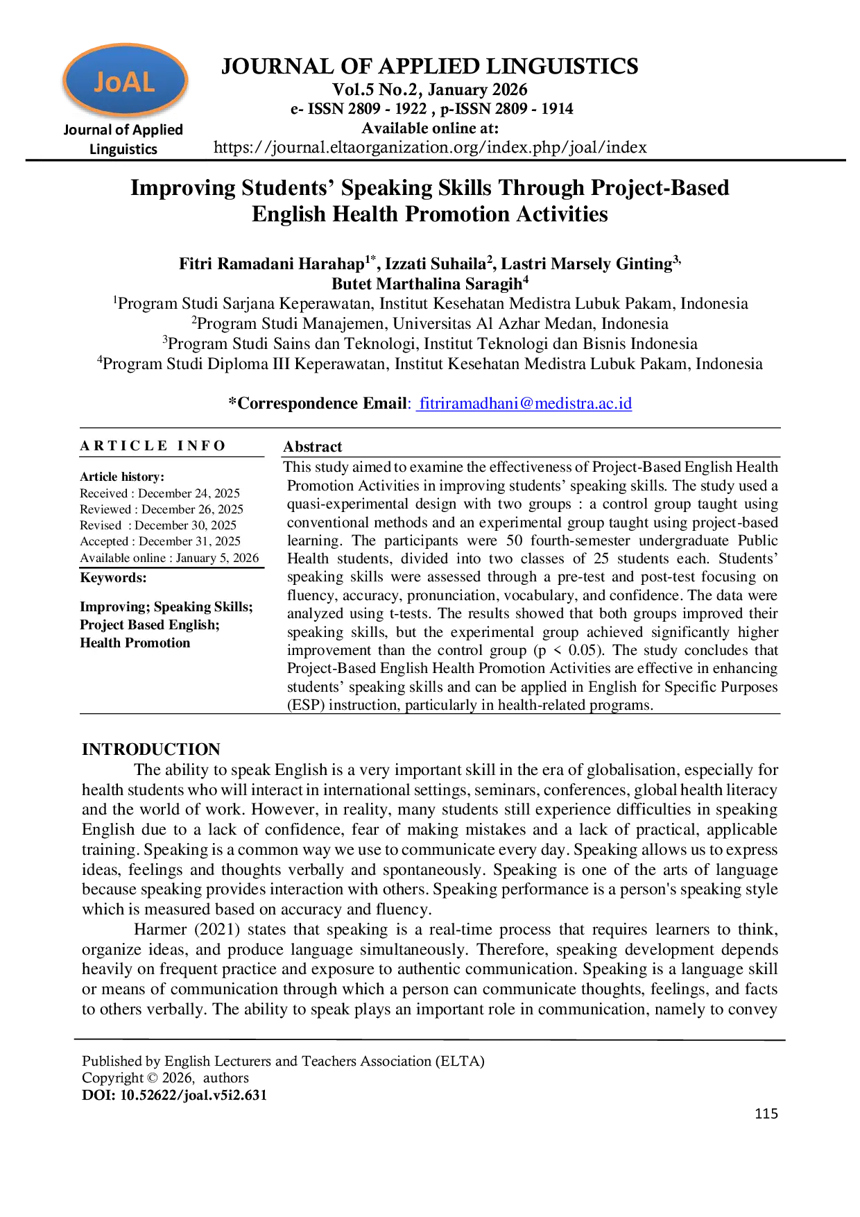 JURIS Improving Students Speaking Skills Through Project Based English Health Promotion Activities