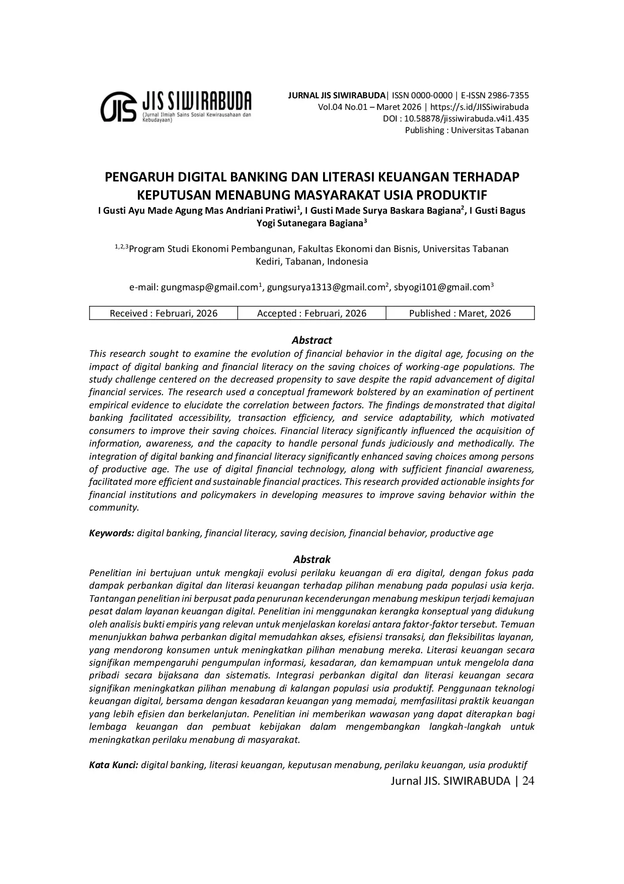JURIS Transformasi Perilaku Keuangan di Era Digital Pengaruh Digital Banking dan Literasi Keuangan terhadap Keputusan Menabung Masyarakat Usia Produktif
