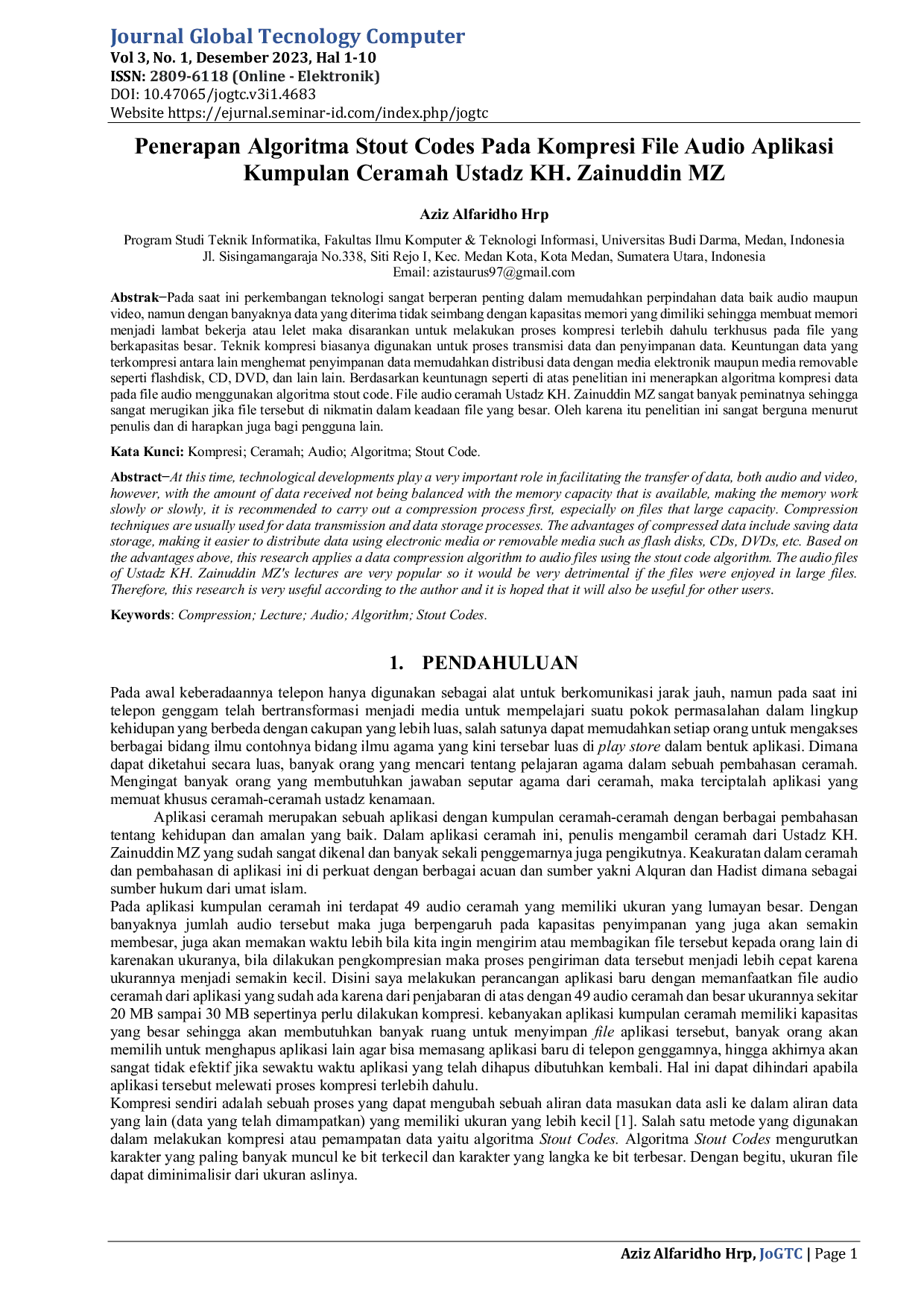 JURIS Penerapan Algoritma Stout Codes Pada Kompresi File Audio Aplikasi Kumpulan Ceramah Ustadz KH Zainuddin MZ