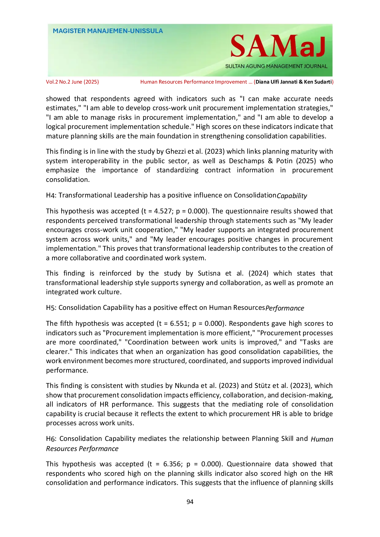 JURIS Human Resources Performance Improvement Model Through Planning Skills and Transformational Leadership with Consolidation Capability as a Mediating Variable