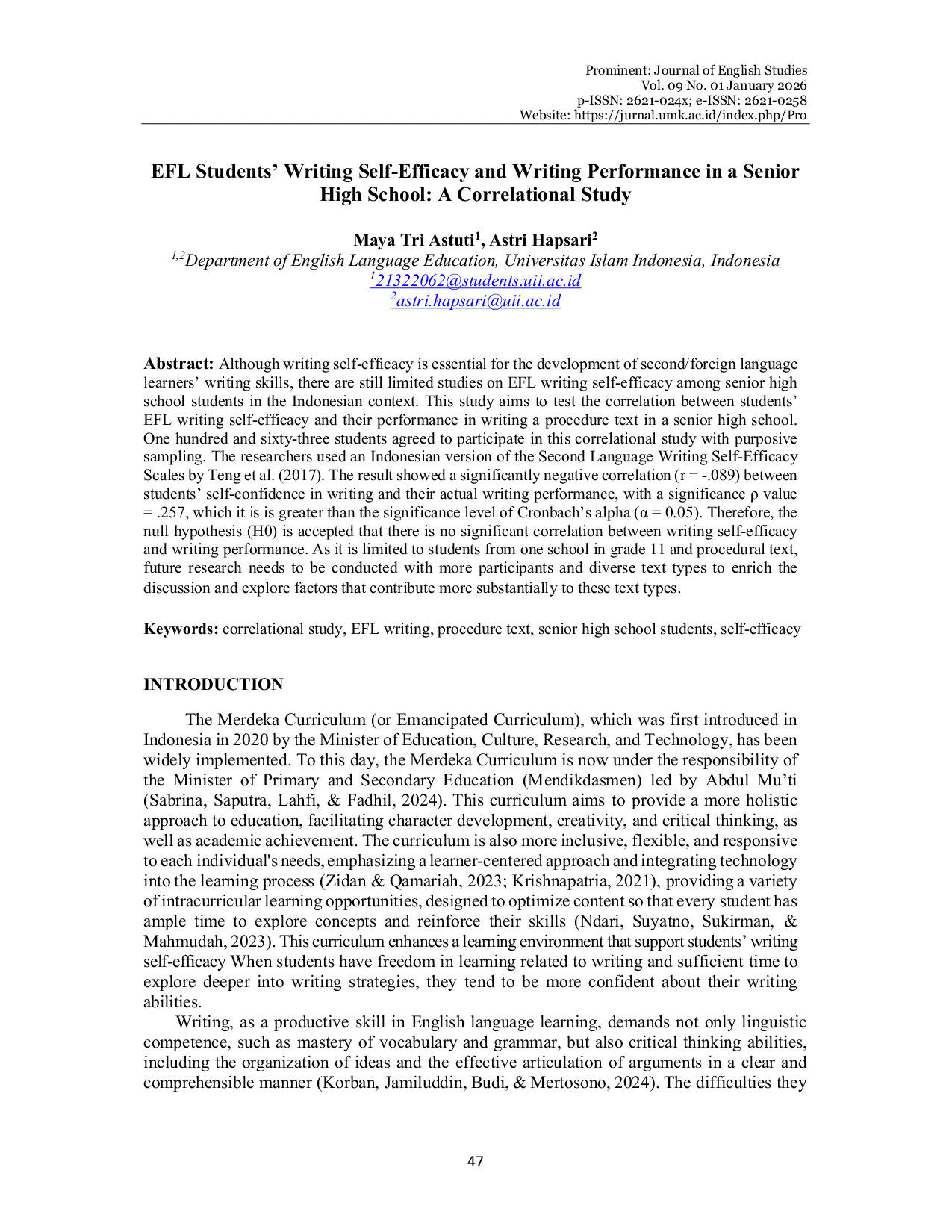JURIS EFL Students Writing Self Efficacy and Writing Performance in a Senior High School A Correlational Study
