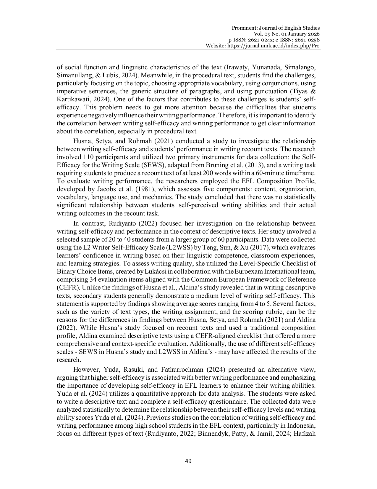 JURIS EFL Students Writing Self Efficacy and Writing Performance in a Senior High School A Correlational Study