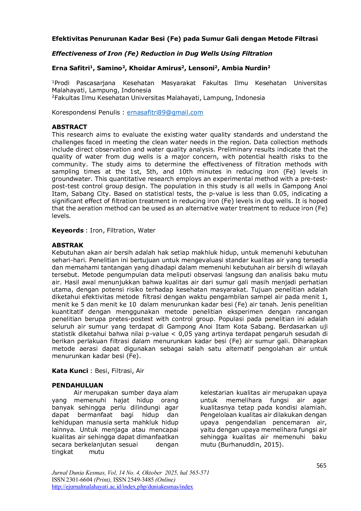 JURIS Efektivitas Penurunan Kadar Besi Fe pada Sumur Gali dengan Metode Filtrasi