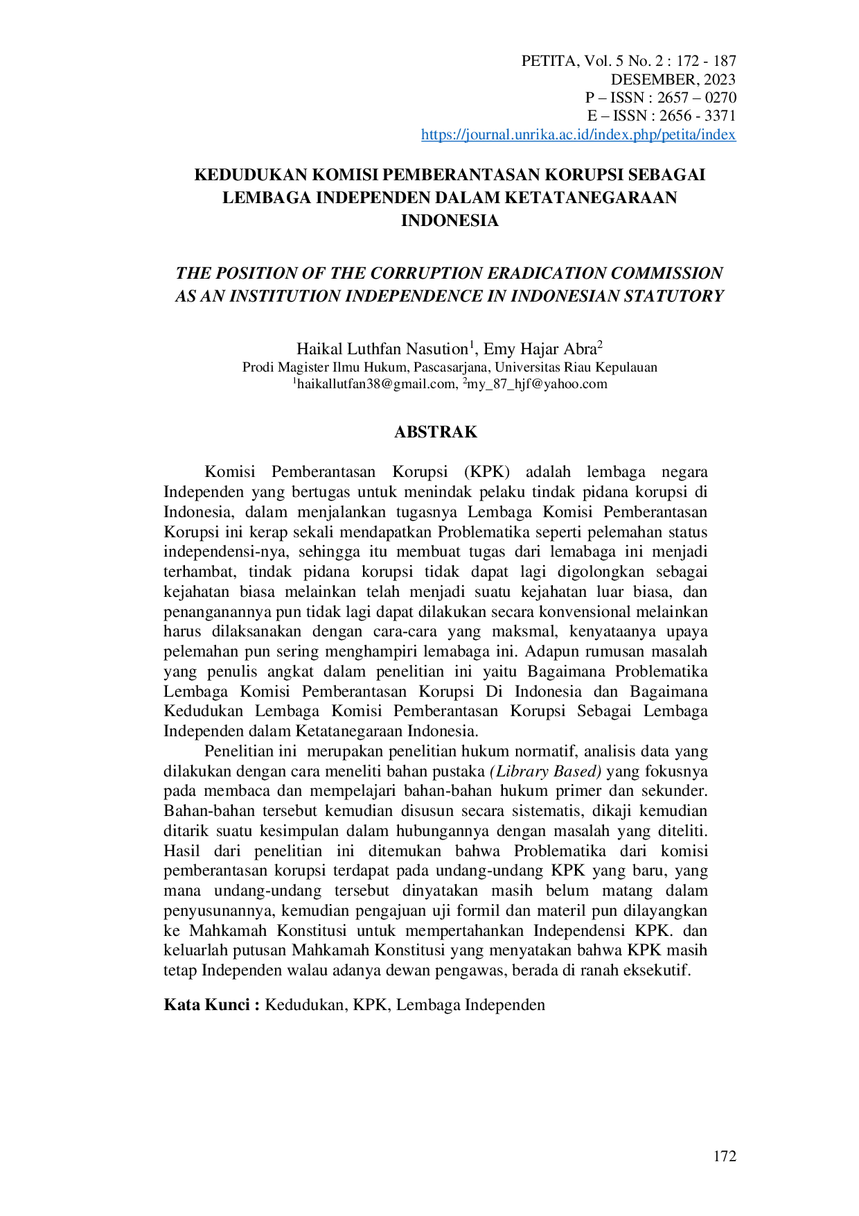 JURIS Kedudukan Komisi Pemberantasan Korupsi Sebagai Lembaga Independen Dalam Ketatanegaraan Indonesia