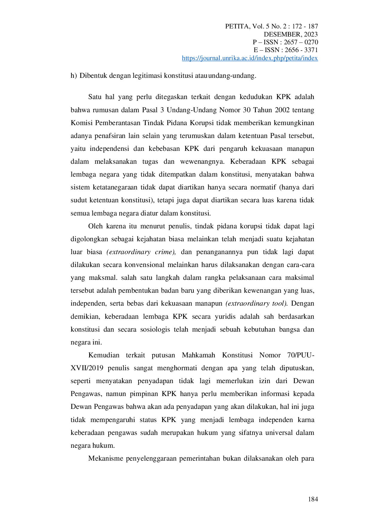 JURIS Kedudukan Komisi Pemberantasan Korupsi Sebagai Lembaga Independen Dalam Ketatanegaraan Indonesia