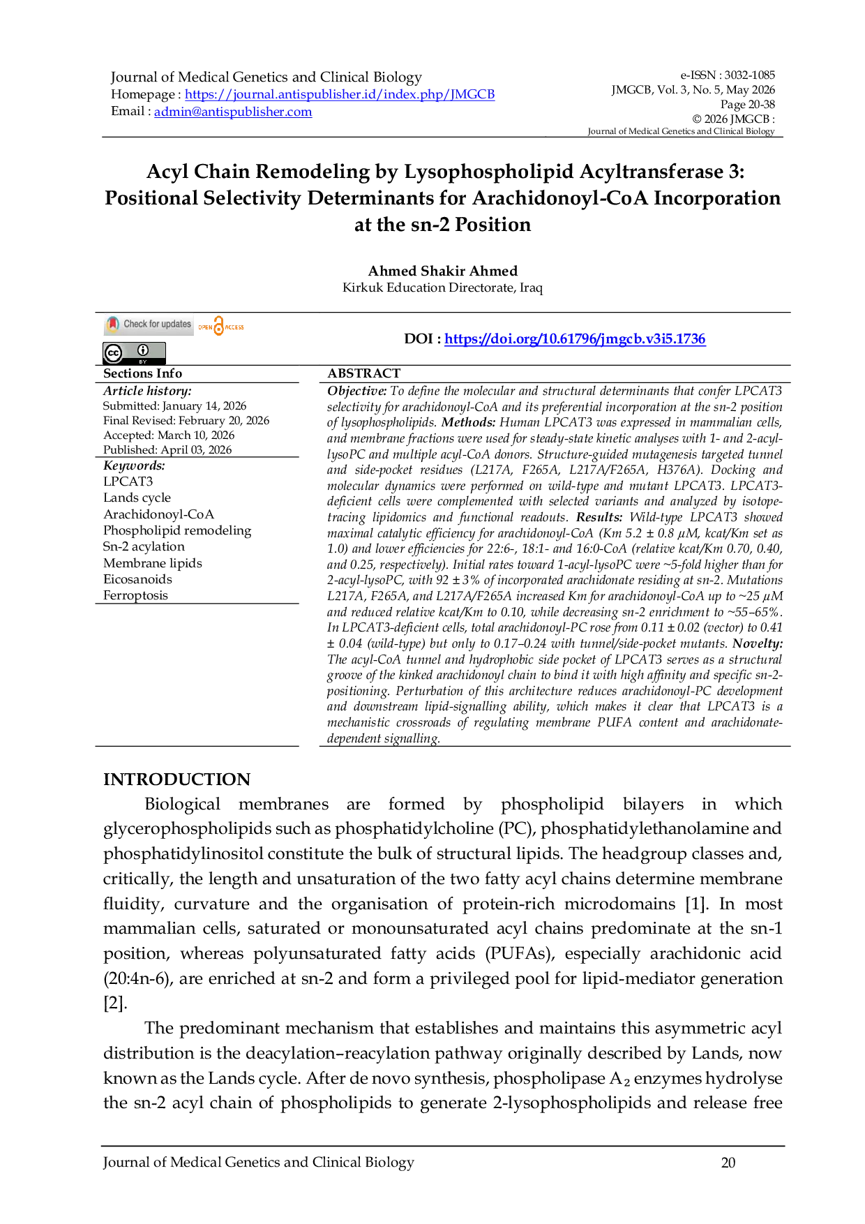 JURIS Acyl Chain Remodeling by Lysophospholipid Acyltransferase 3 Positional Selectivity Determinants for Arachidonoyl CoA Incorporation at the sn 2 Position
