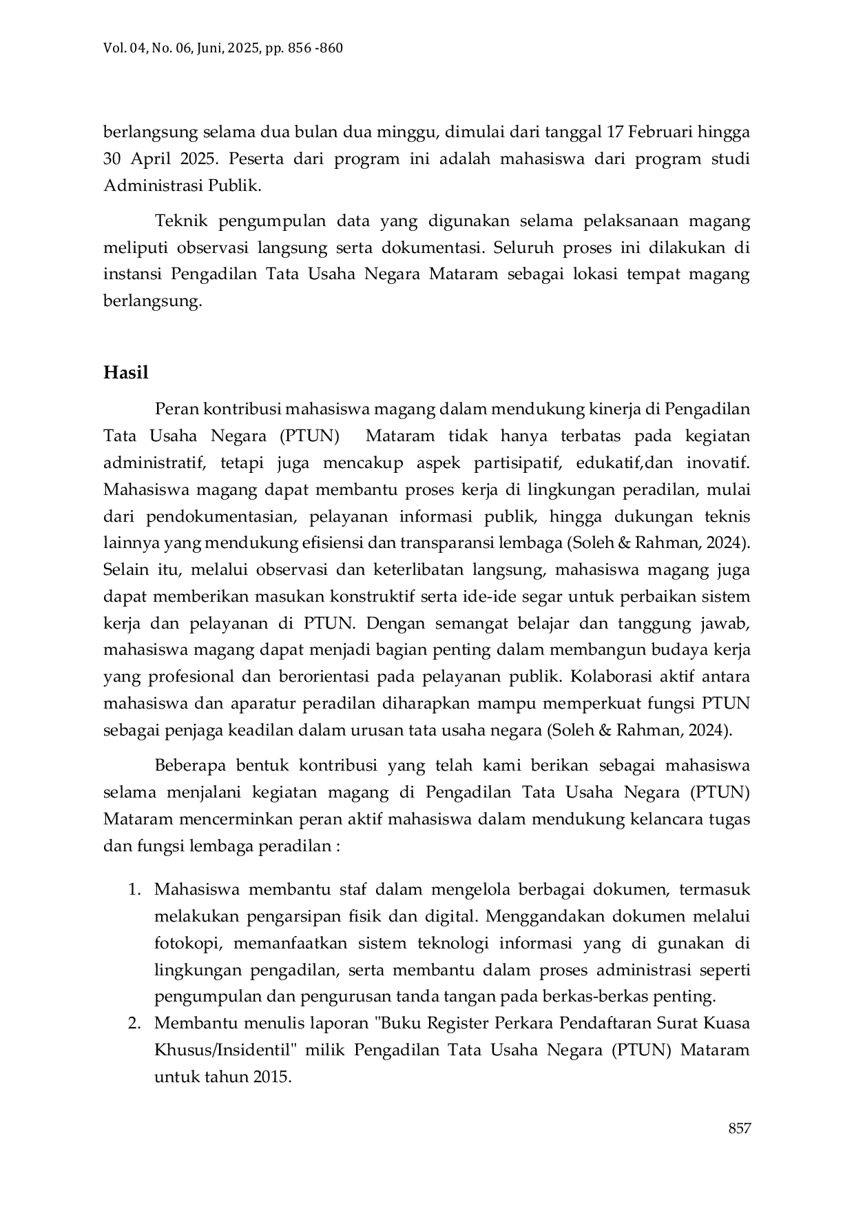 JURIS Kontribusi Mahasiwa Magang Dalam Mendukung Kinerja di Pengadilan Tata Usaha Negara PTUN Mataram