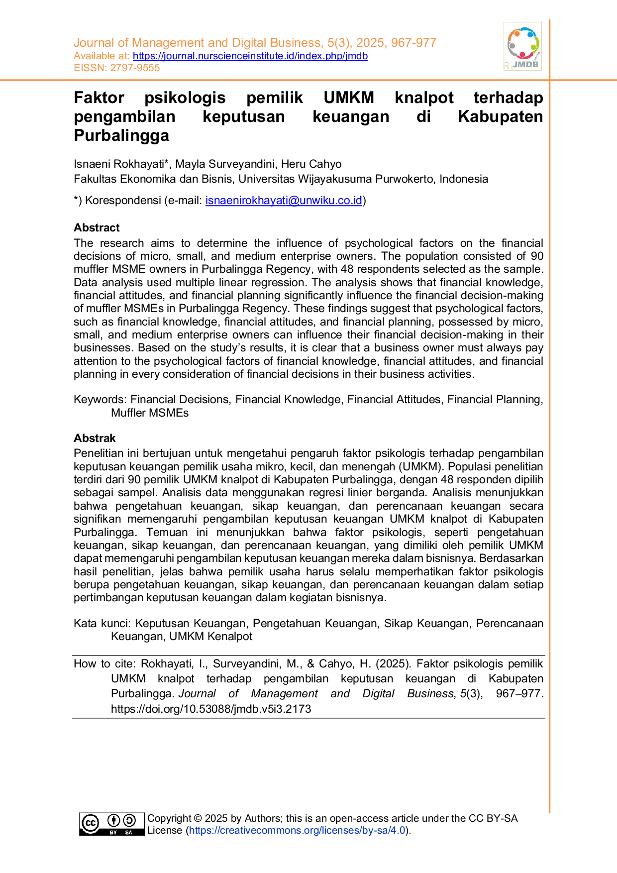 JURIS Faktor psikologis pemilik UMKM knalpot terhadap pengambilan keputusan keuangan di Kabupaten Purbalingga