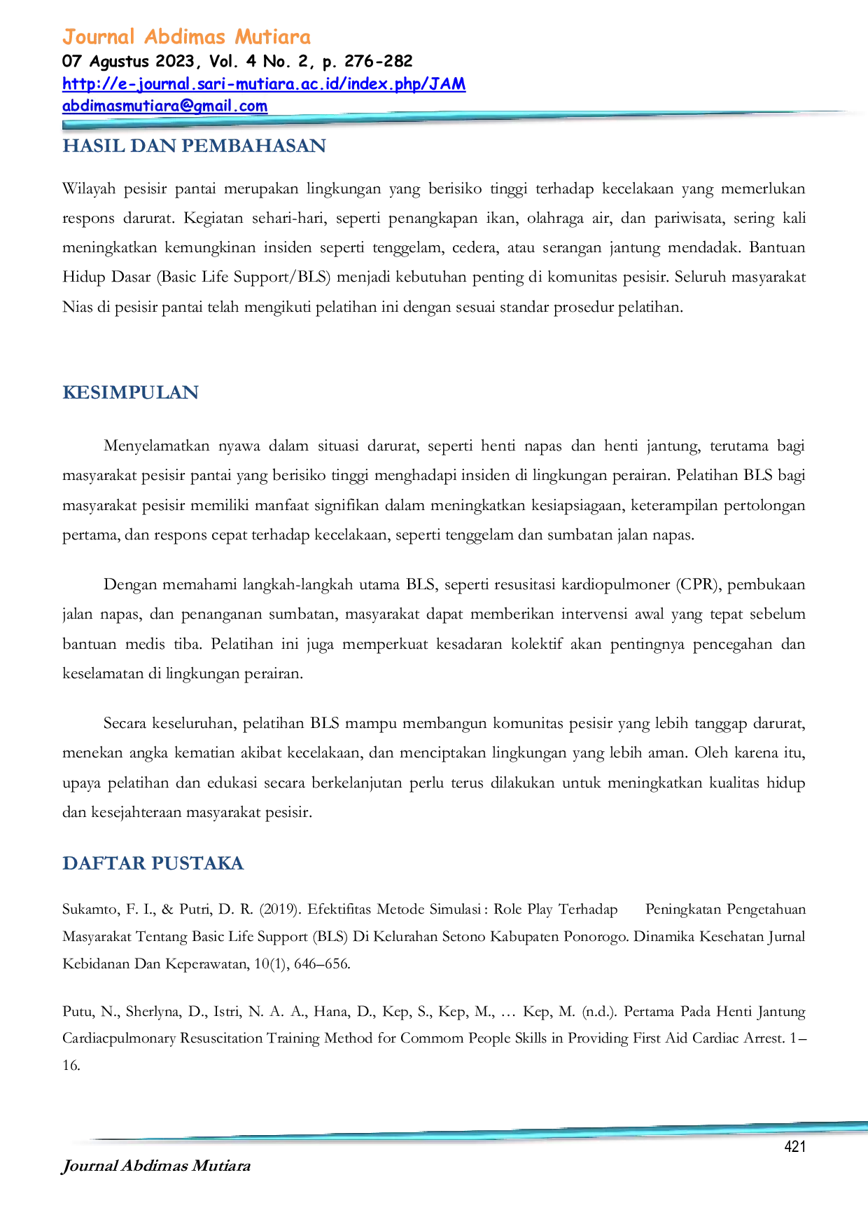 JURIS Pelatihan Bantuan Hidup Dasar Bagi Masyarakat Pesisir Pantai Nias