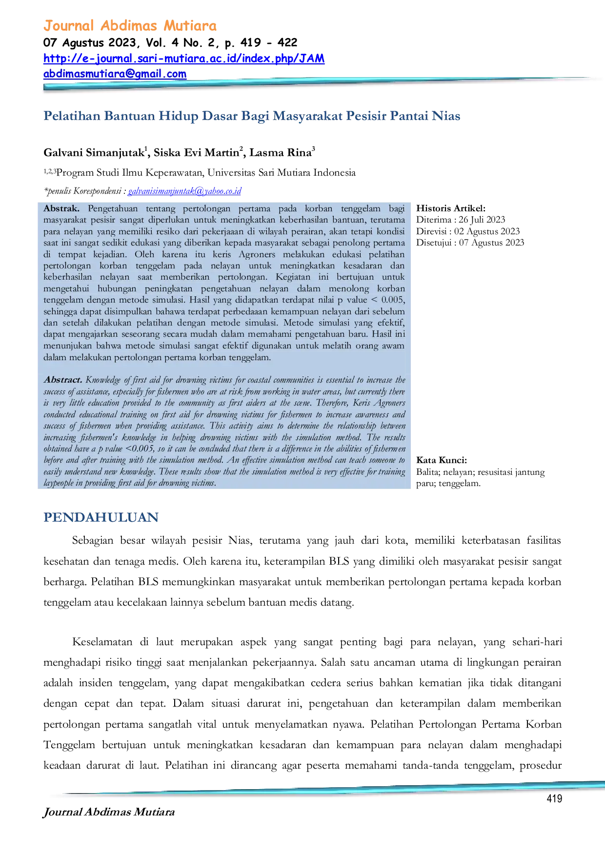 JURIS Pelatihan Bantuan Hidup Dasar Bagi Masyarakat Pesisir Pantai Nias