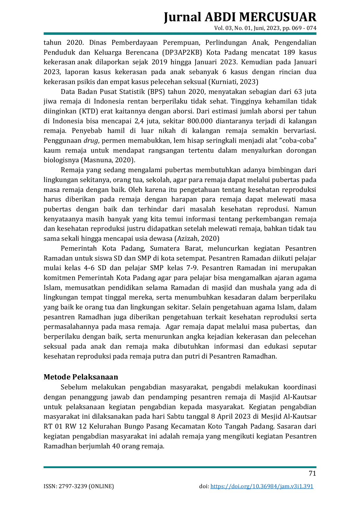 JURIS Peningkatan Pengetahuan Remaja Tentang Kesehatan Reproduksi di Pesantren Ramadhan