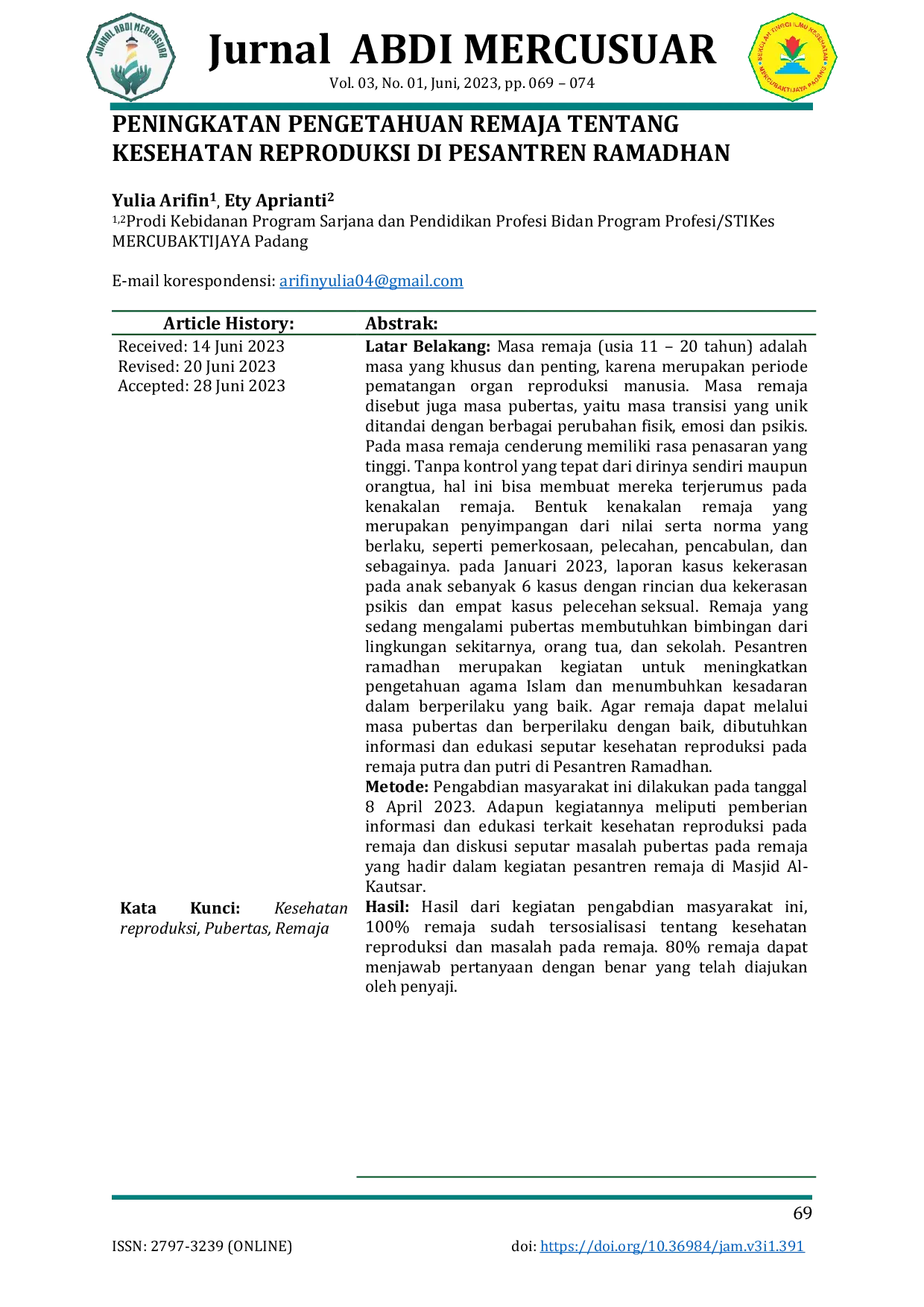 JURIS Peningkatan Pengetahuan Remaja Tentang Kesehatan Reproduksi di Pesantren Ramadhan