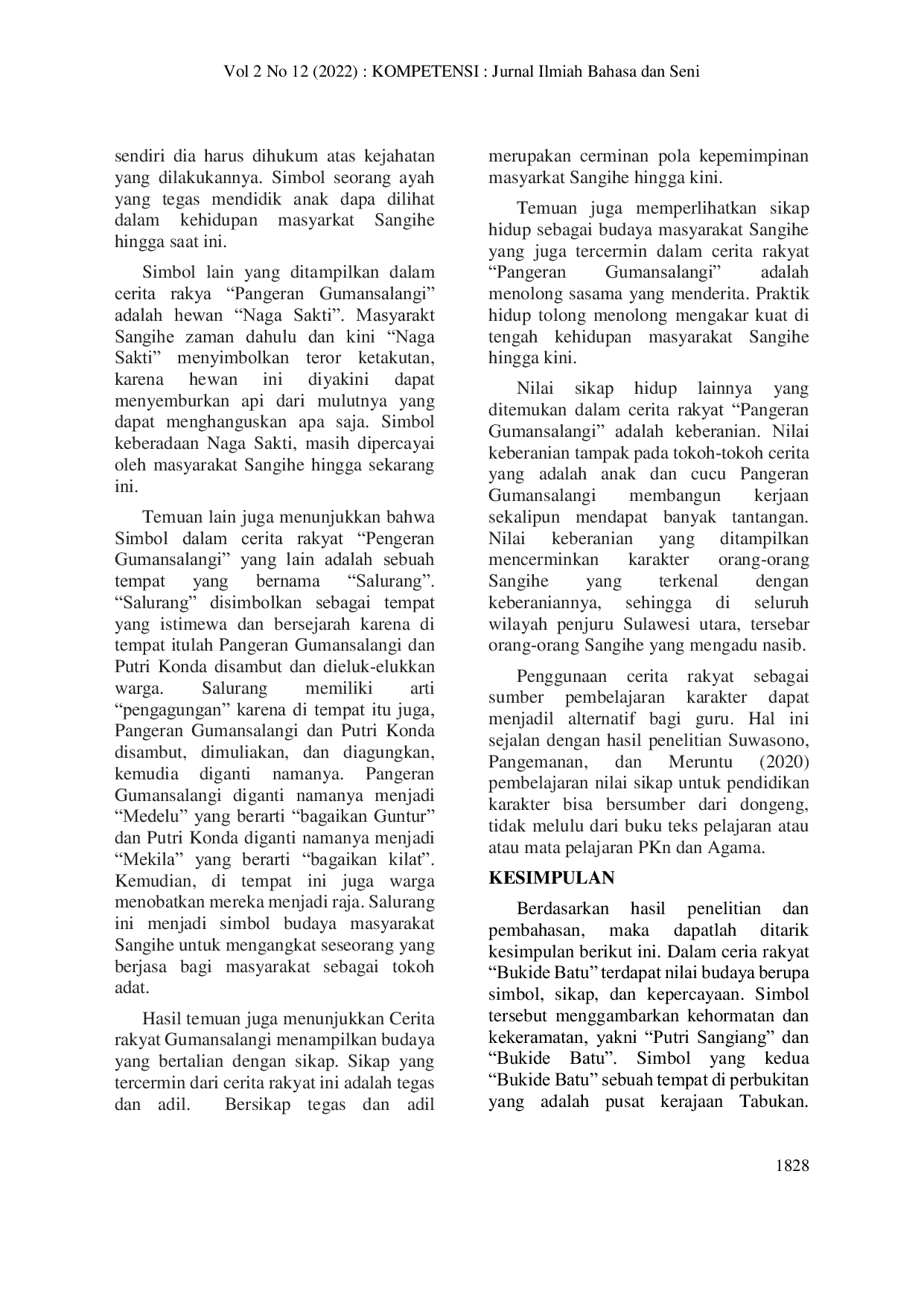 JURIS Nilai Nilai Budaya Dalam Cerita Rakyat Sangihe Bukide Batu Dan Gumansalangi Dan Implikasinya Bagi Pembelajaran Sastra Di Sekolah
