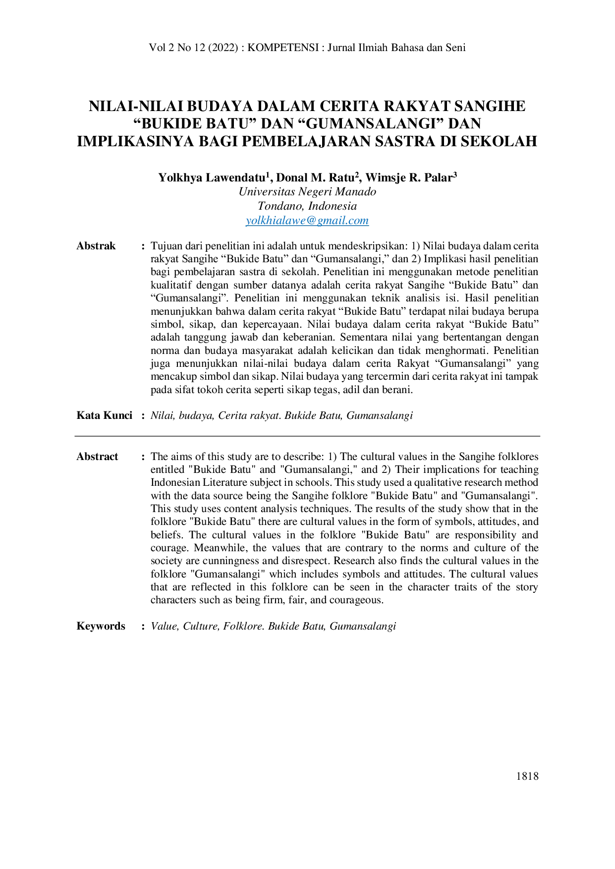 JURIS Nilai Nilai Budaya Dalam Cerita Rakyat Sangihe Bukide Batu Dan Gumansalangi Dan Implikasinya Bagi Pembelajaran Sastra Di Sekolah