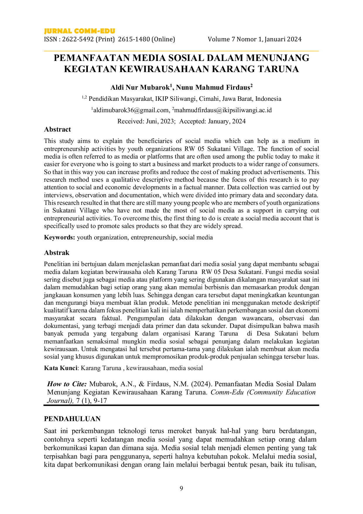 JURIS Pemanfaatan Media Sosial Dalam Menunjang Kegiatan Kewirausahaan Karang Taruna