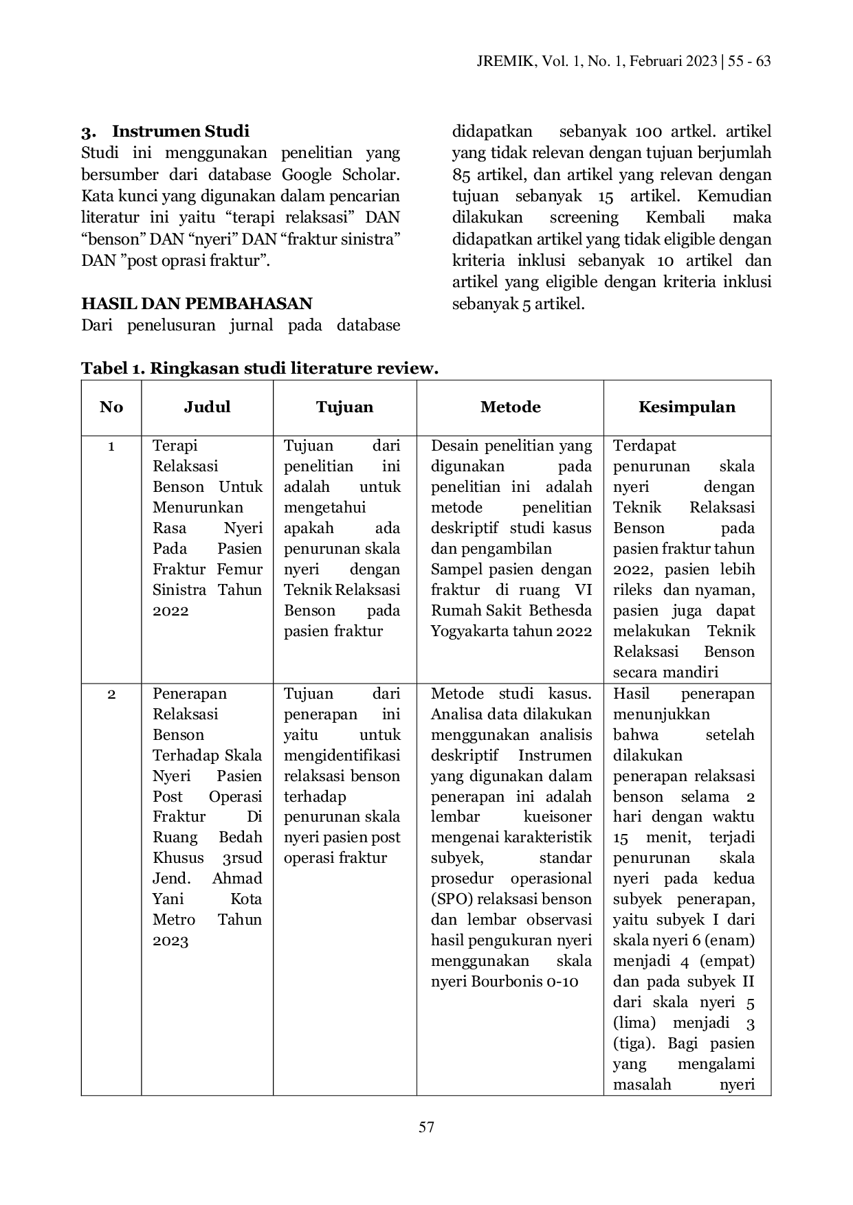 JURIS Terapi Relaksasi Benson Untuk Menurunkan Rasa Nyeri Pada Pasien Fraktur Femur Sinistra Literature Review