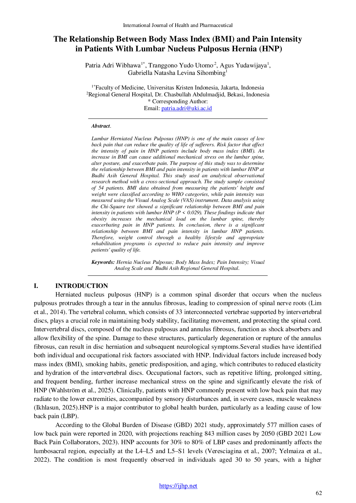 JURIS The Relationship Between Body Mass Index BMI and Pain Intensity in Patients With Lumbar Nucleus Pulposus Hernia HNP