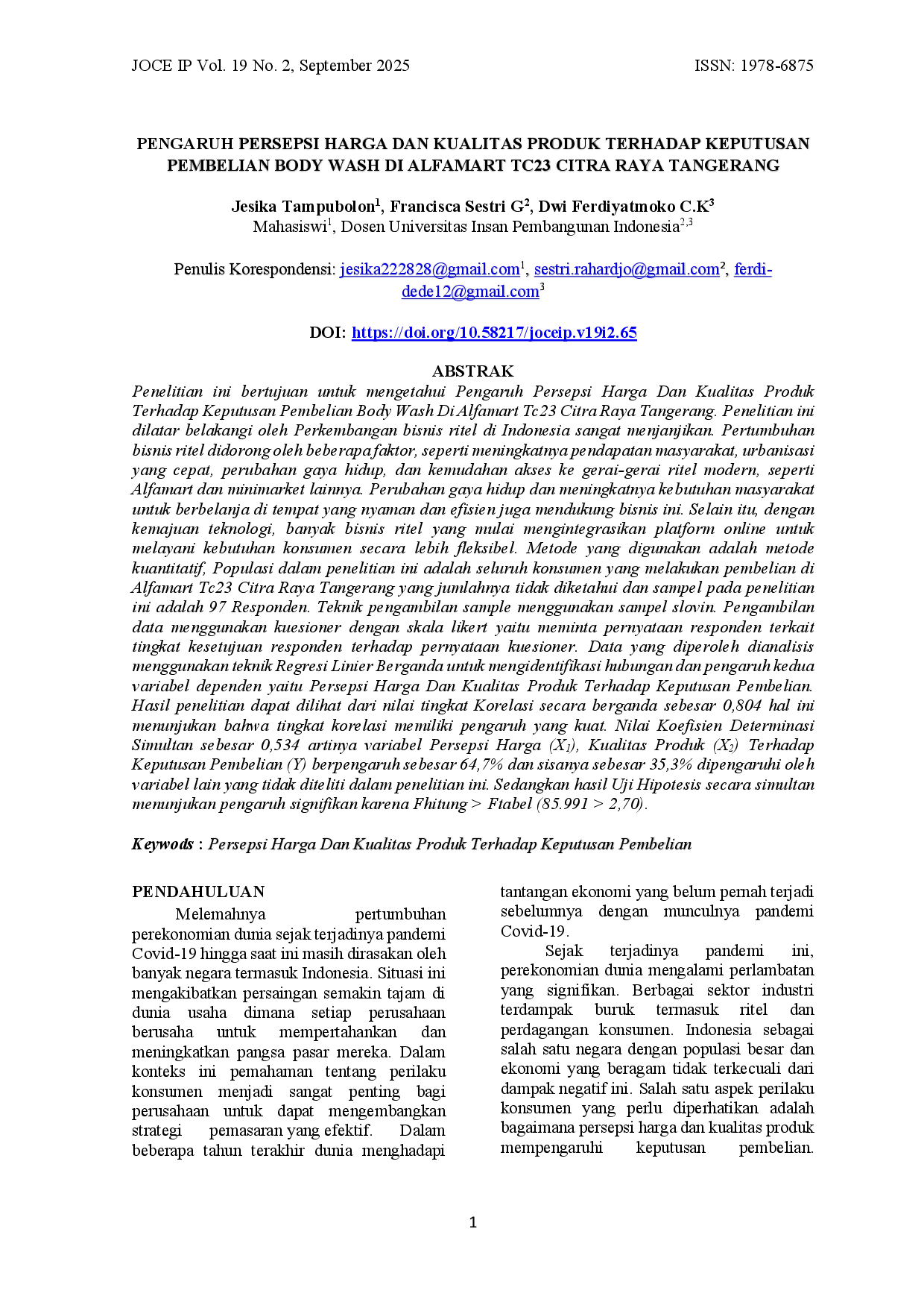 juris Pengaruh Persepsi Harga dan Kualitas Produk terhadap Keputusan Pembelian Body Wash di Alfamart Tc23 Citra Raya Tangerang