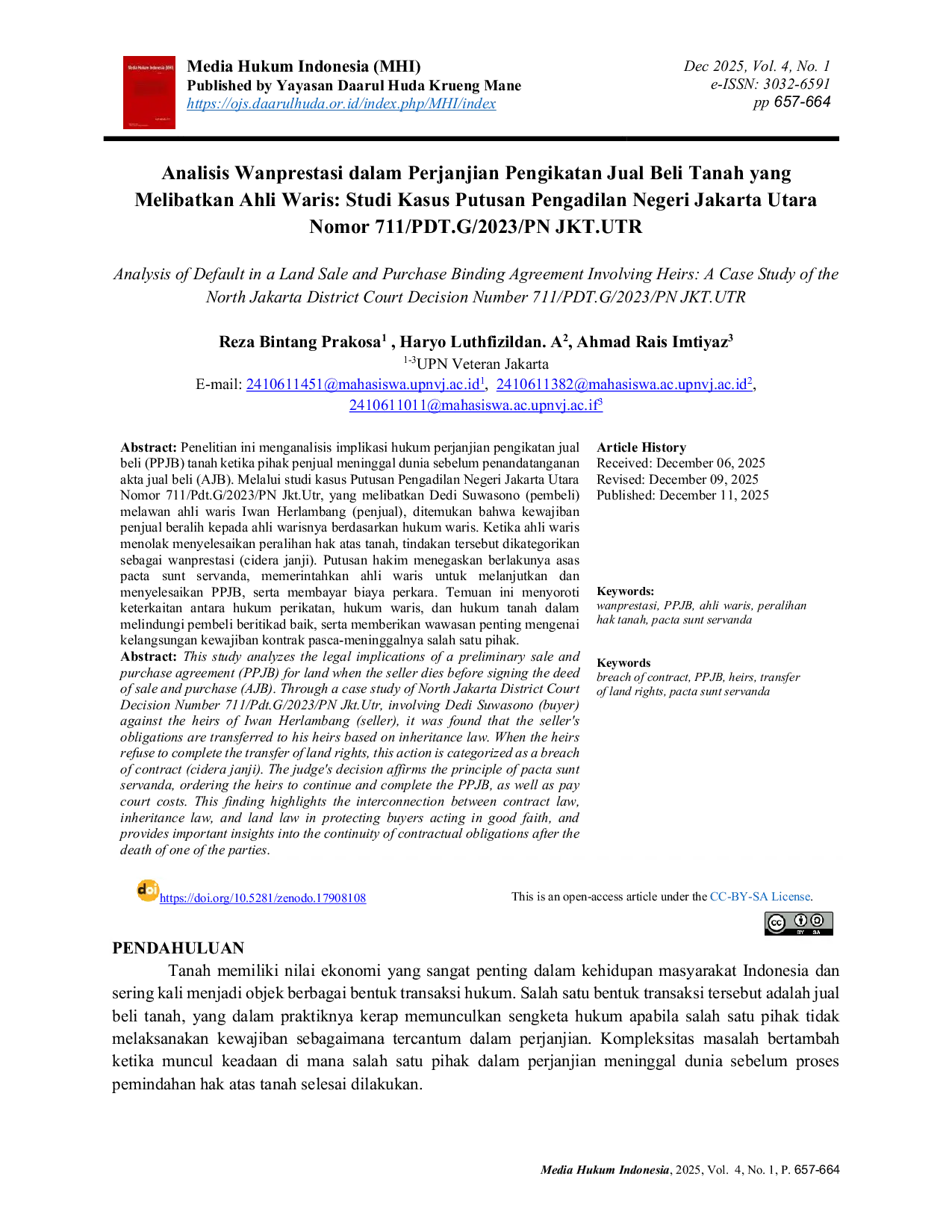 JURIS Analisis Wanprestasi dalam Perjanjian Pengikatan Jual Beli Tanah yang Melibatkan Ahli Waris Studi Kasus Putusan Pengadilan Negeri Jakarta Utara Nomor 711 PDT G 2023 PN JKT UTR