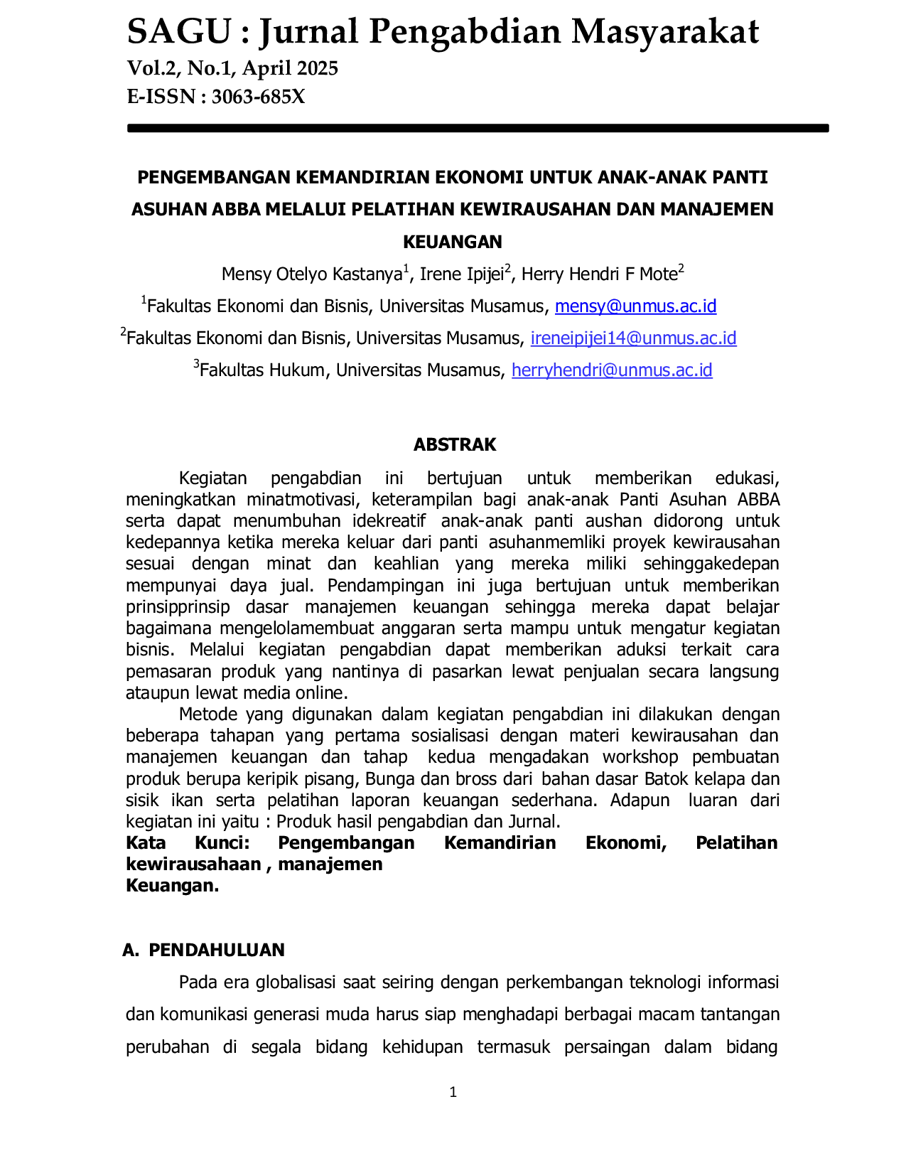 JURIS Pengembangan Kemandirian Ekonomi Untuk Anak Anak Panti Asuhan ABBA Melalui Pelatihan Kewirausahaan dan Manajemen Keuangan