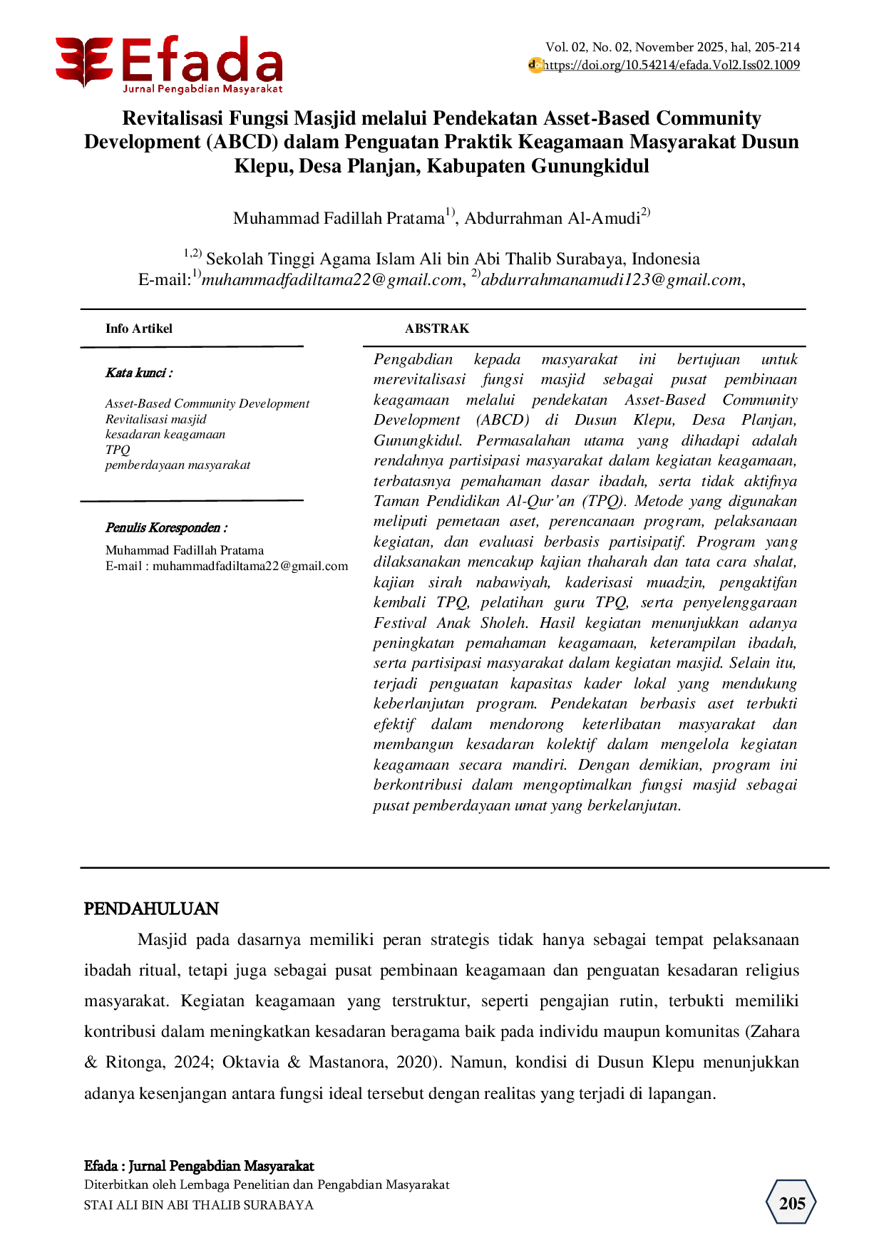 JURIS Revitalisasi Fungsi Masjid melalui Pendekatan Asset Based Community Development ABCD dalam Penguatan Praktik Keagamaan Masyarakat Dusun Klepu Desa Planjan Kabupaten Gunungkidul