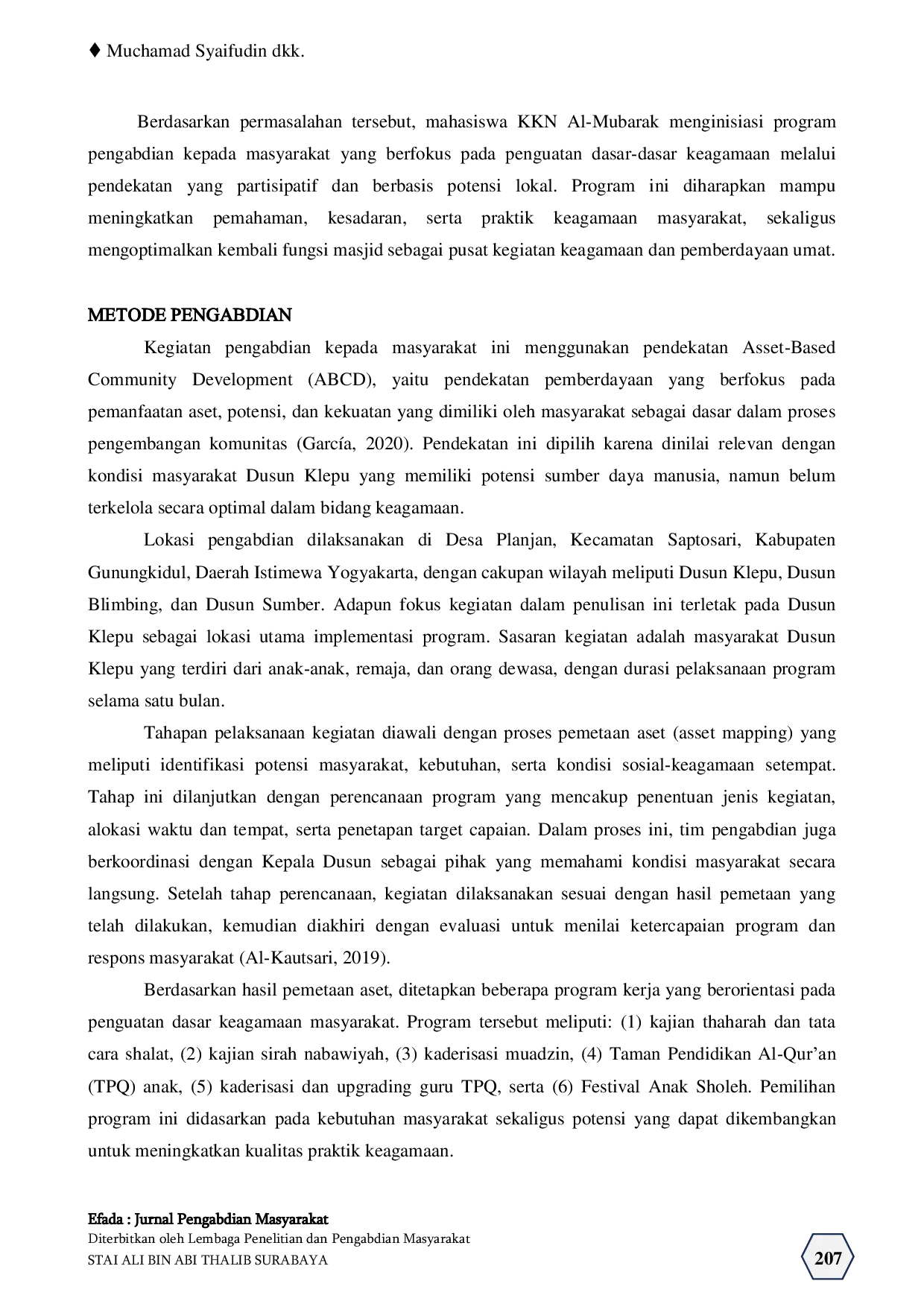 JURIS Revitalisasi Fungsi Masjid melalui Pendekatan Asset Based Community Development ABCD dalam Penguatan Praktik Keagamaan Masyarakat Dusun Klepu Desa Planjan Kabupaten Gunungkidul