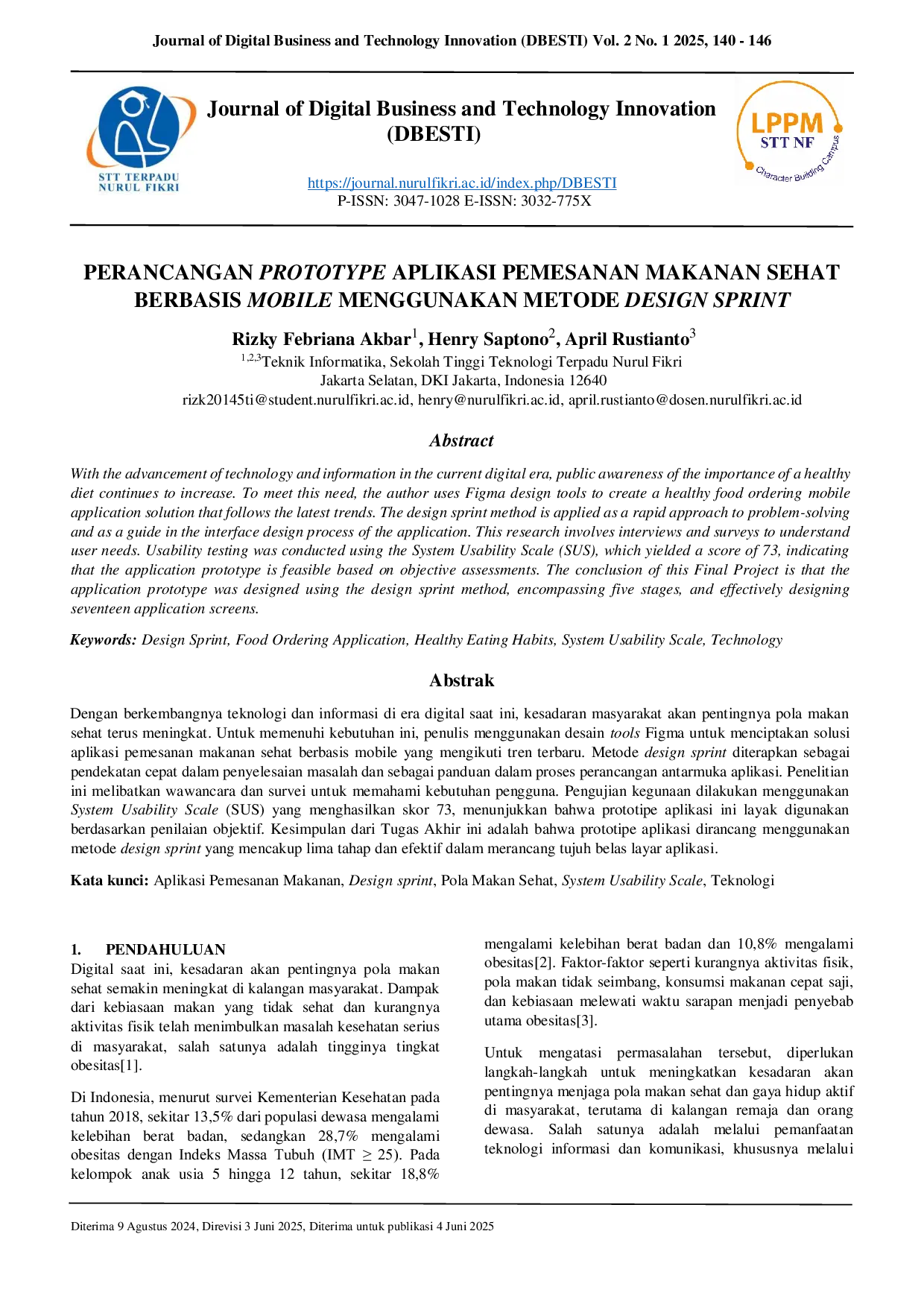 JURIS Design of a Mobile Based Healthy Food Ordering Application Prototype Using the Design Sprint Method