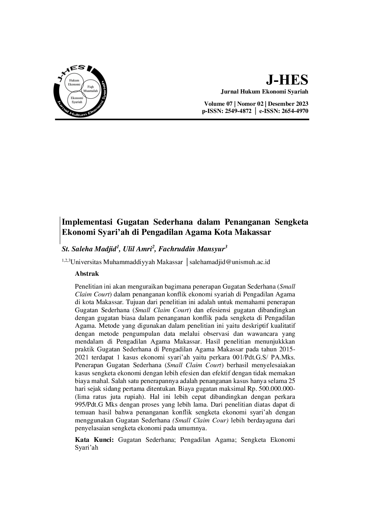 JURIS Implementasi Gugatan Sederhana Small Claim Court Dalam Penyelesaian Sengketa Ekonomi Syari ah Di Pengadilan Agama Kota Makassar