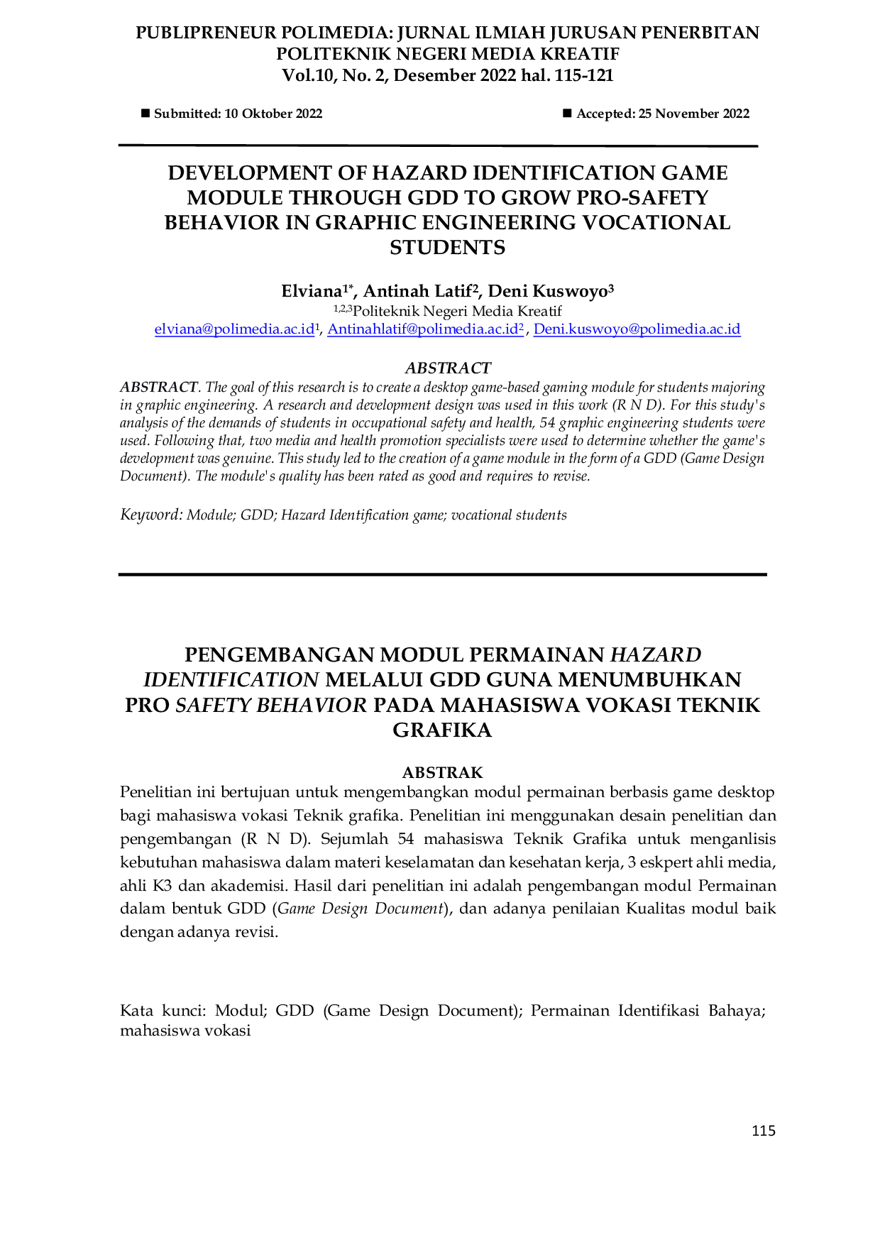 JURIS Development of Hazard Identification Game Module Through GDD to Grow Pro Safety Behavior in Graphic Engineering Vocational Students