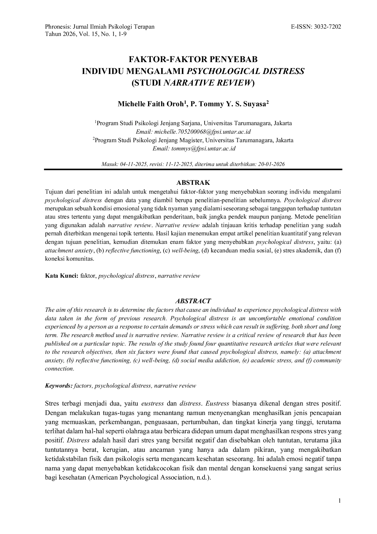 JURIS Faktor Faktor Penyebab Individu Mengalami Psychological Distress Studi Narrative Review