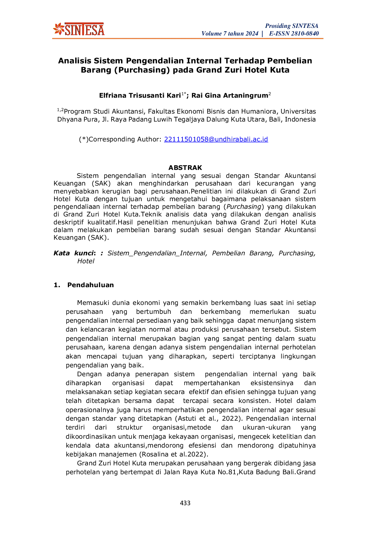 JURIS Analisis Sistem Pengendalian Internal Terhadap Pembelian Barang Purchasing pada Grand Zuri Hotel Kuta