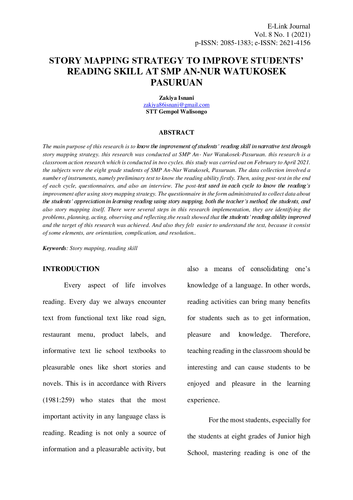 juris Story Mapping Strategy to Improve Students Reading Skill at SMP An Nur Watukosek Pasuruan